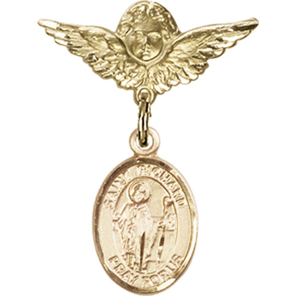 Gold Filled Baby Badge Pin with St. Richard Charm & Angel Wing Charm - 1