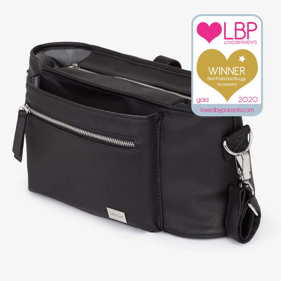 Vanchi Pram Caddy Stroller Organizer - Black | Premium Baby Stroller Accessory for Diapers, Toys & Essentials | Perfect for Shopping, Walks & Travel