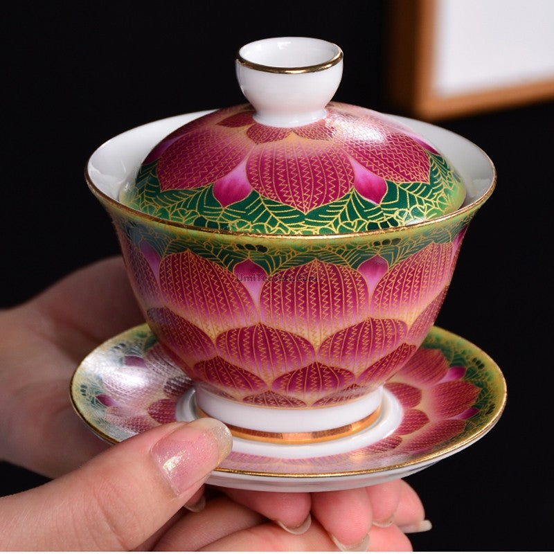 Premium Enamel Porcelain Pink Lotus Gaiwan - Traditional Chinese Tea Set for Gongfu Tea Ceremony, Perfect for Home Brewing & Gift Giving