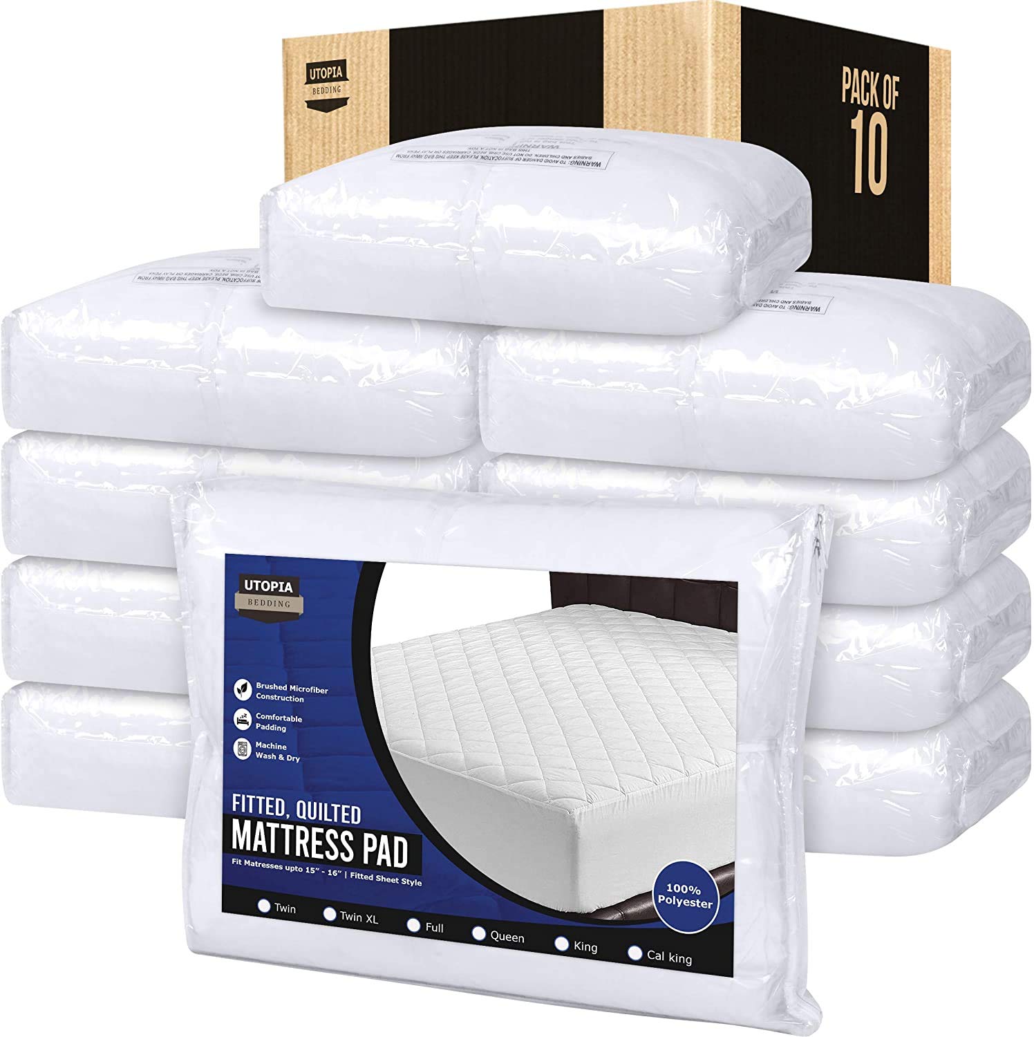 Utopia Bedding Quilted Fitted Mattress Pad - Elastic Deep Pocket Mattress Protector Cover (16 Inch) - Machine Washable Mattress Topper for Full Size Bed - Bulk Pack of 10 - Perfect for Hotels, Dorms & Guest Rooms