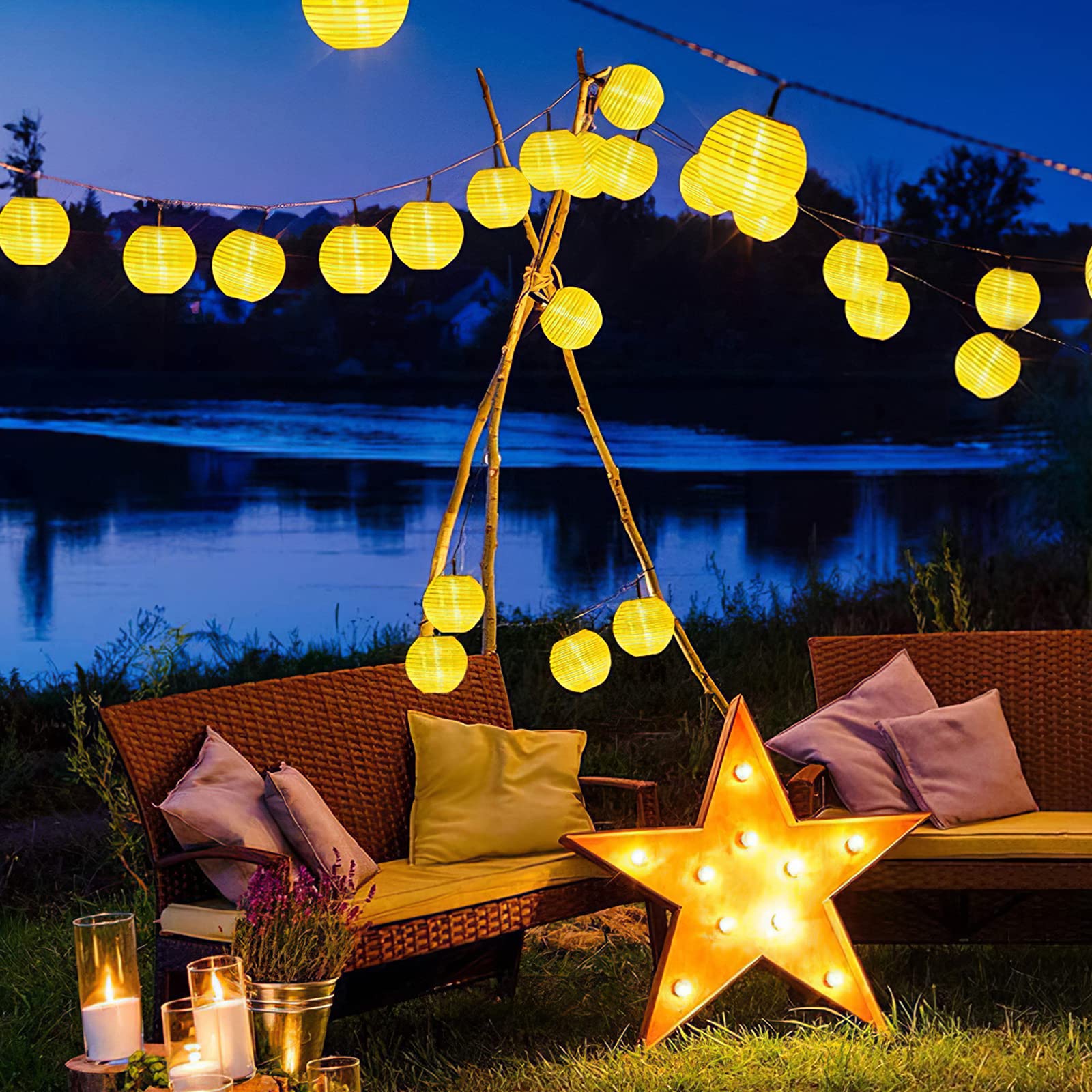 ALLOMN 19.7ft 30LED Solar Powered Waterproof Outdoor String Lights with Fabric Lanterns - Warm White Fairy Lights for Christmas Decorations, Garden, Patio, Yard, Wedding & Home Decoration (Indoor/Outdoor Use)