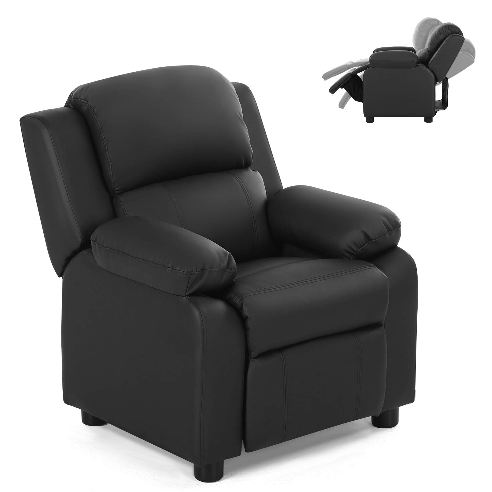 GLACER Kids Recliner Chair with Footrest - Adjustable Toddler Sofa with Flip-Up Storage Arms & Padded Backrest - Comfortable Children's Furniture for Boys and Girls (Black) - Perfect for Playrooms, Bedrooms & Movie Nights