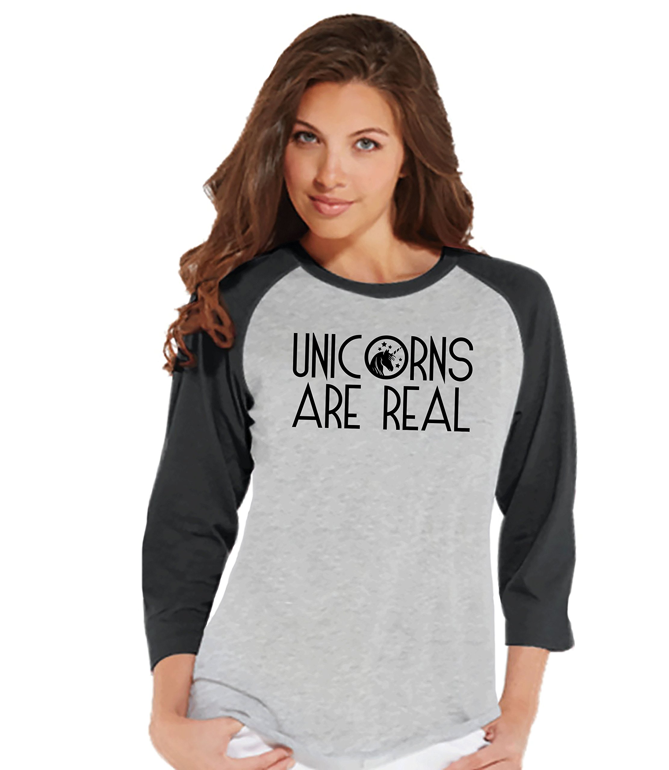 7 ate 9 Apparel Women's Unicorns Are Real Raglan T-Shirt | Soft Cotton Short Sleeve Graphic Tee | Casual Wear, Gift for Unicorn Lovers, Everyday Outfit