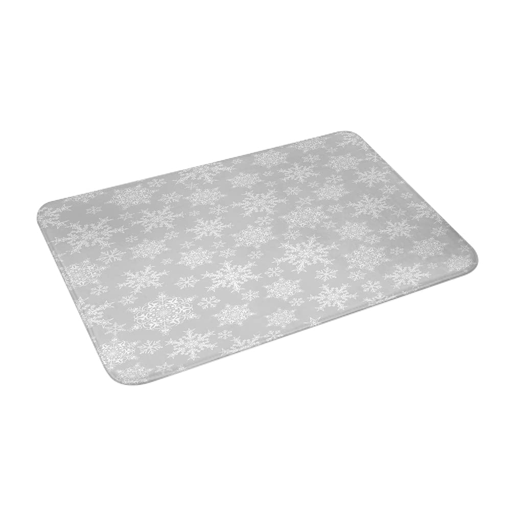 Non-Slip Washable Bath Mat - 20x30 Inch Gray & White Snowflake Design - Cozy Bathroom Rug for Christmas Decor, Bedroom, Kitchen Floor - Indoor Home Decor
