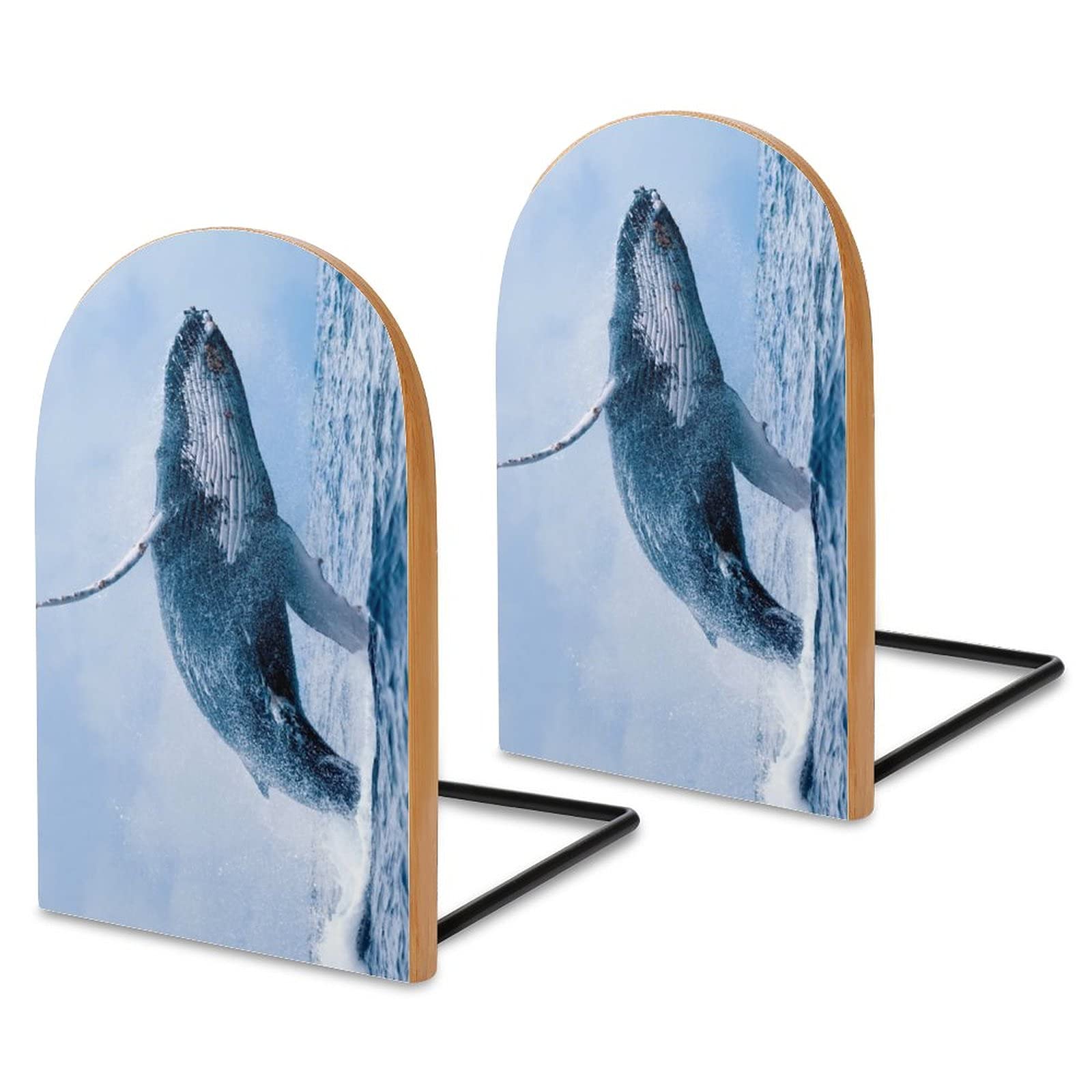Wooden Whale Bookends for Heavy Books - Handcrafted Humpback Whale Shelf Dividers, Modern Home Office Decor - Perfect for Bookshelves, Desks, and Gift Giving
