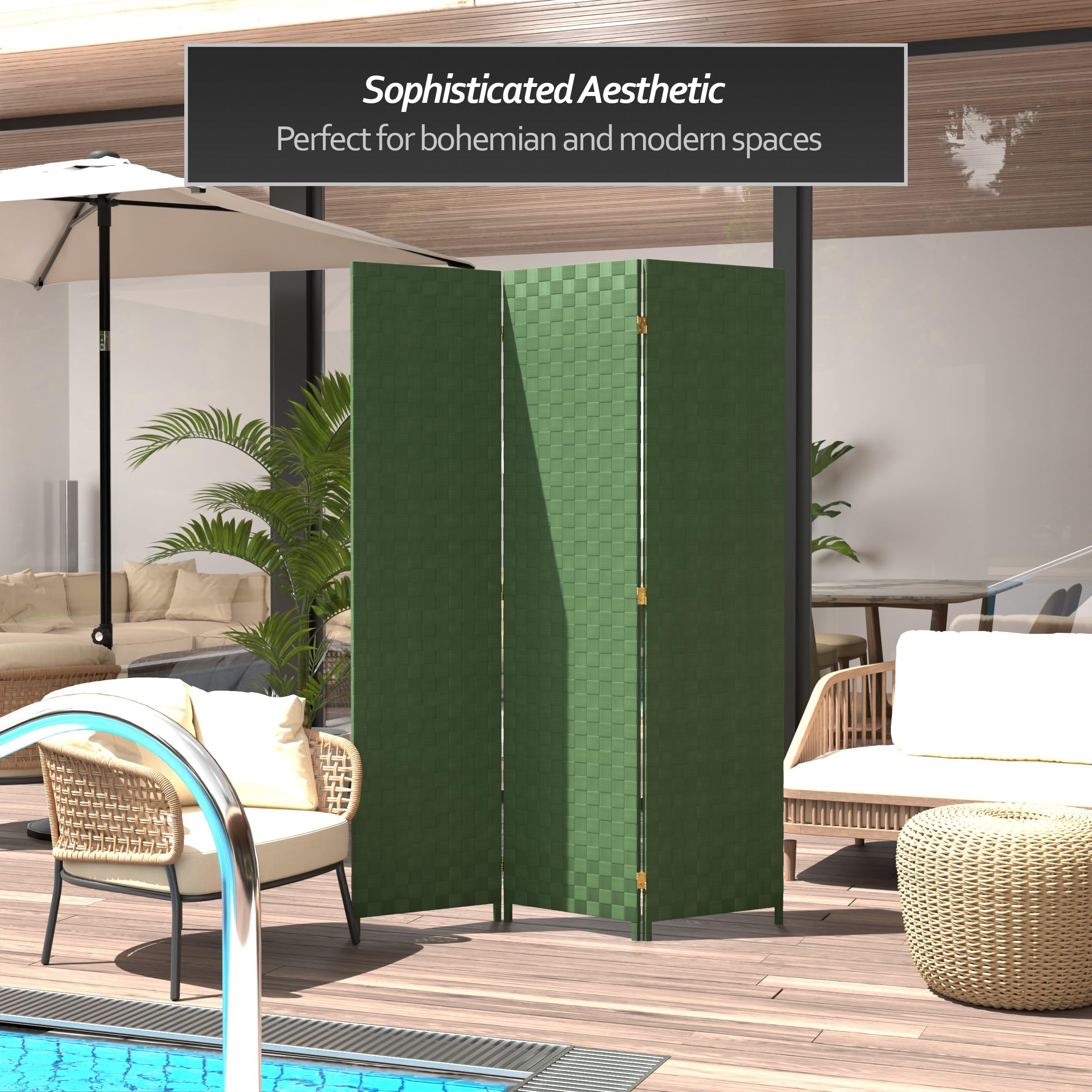 6 ft. Tall Red Lantern Woven Fiber Outdoor All-Weather 3-Panel Room Divider - Green Privacy Screen for Patio, Garden, or Balcony