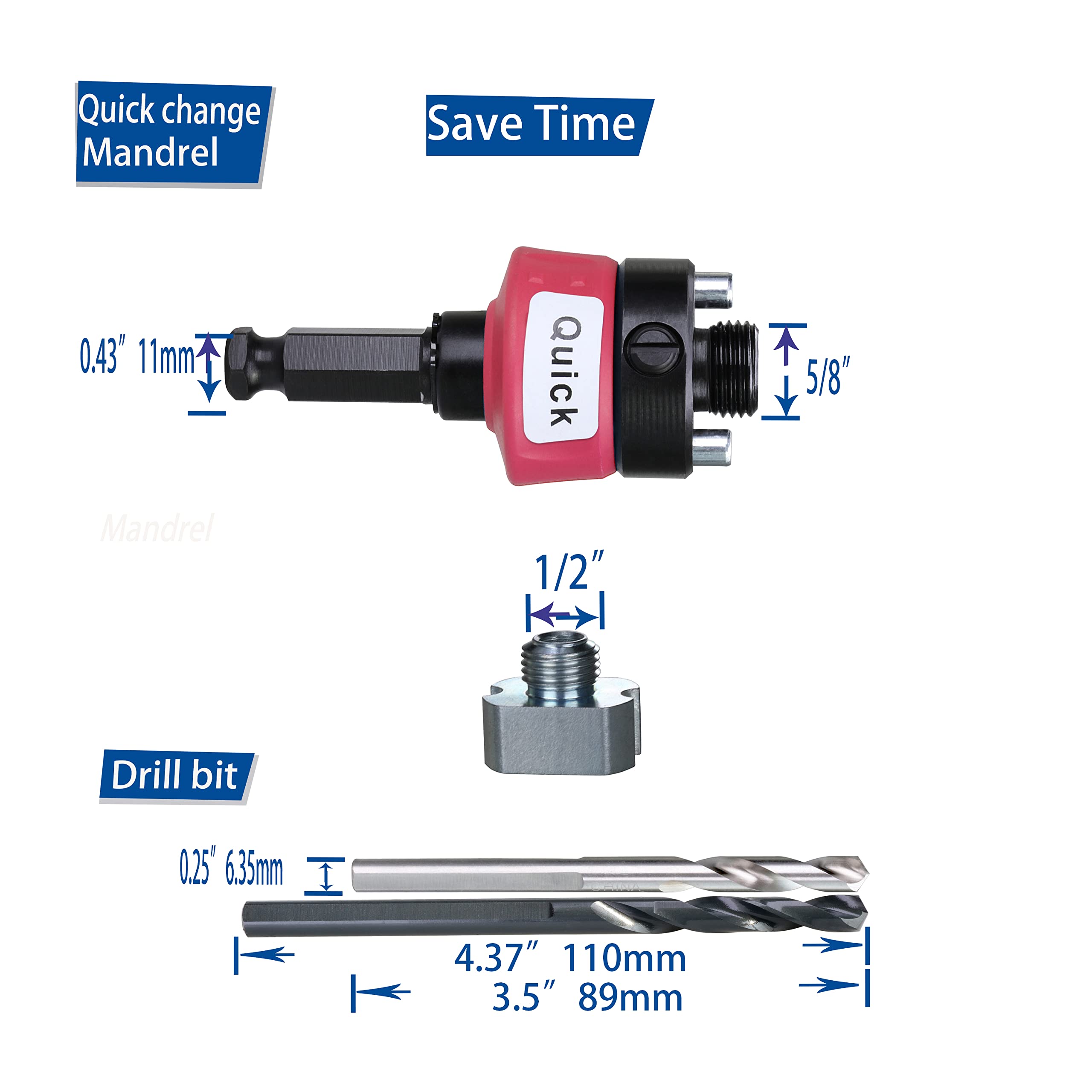 Quick Change Hole Saw Mandrel with 7/16