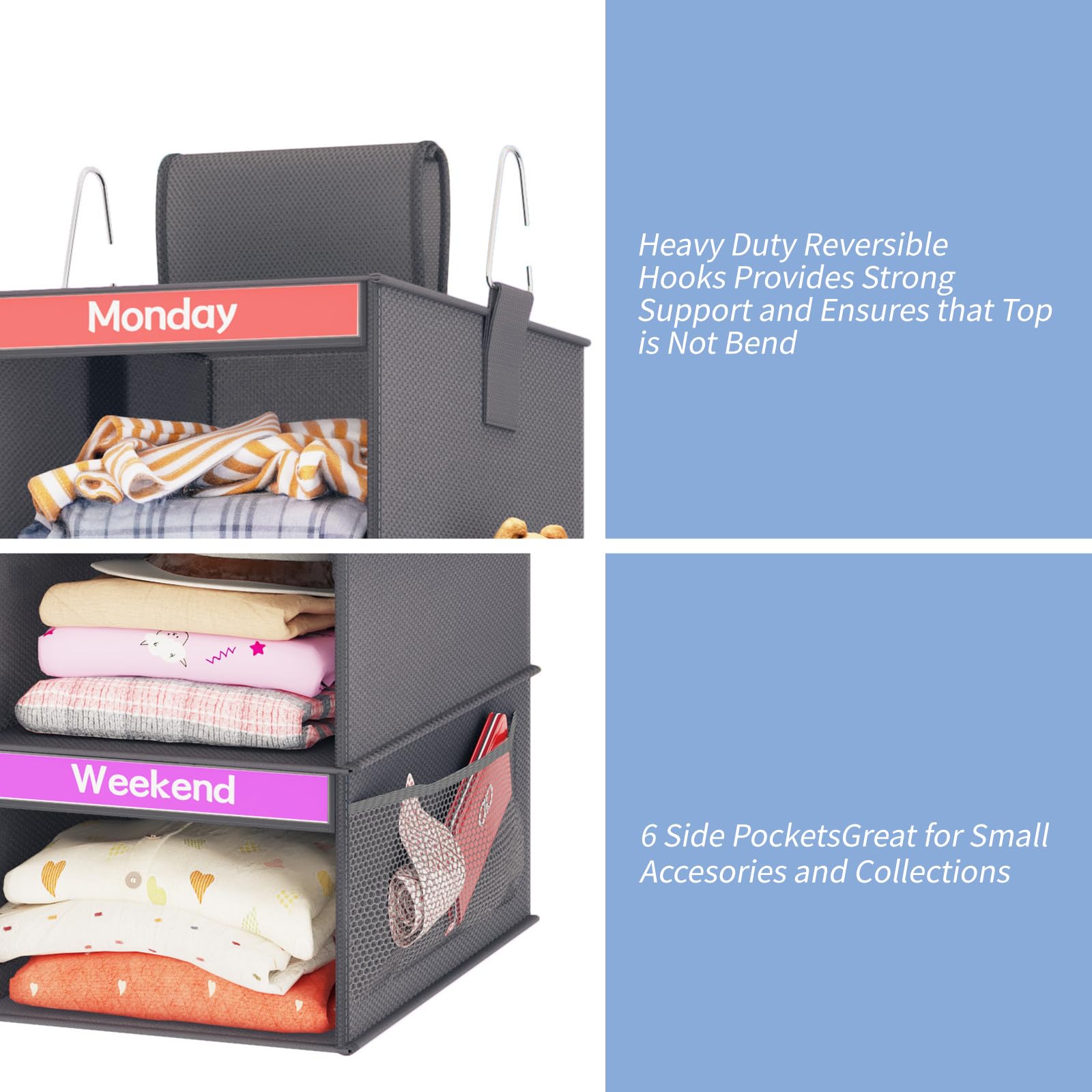 Fixwal 6-Shelf Weekly Clothes Organizer for Kids - Hanging Closet Organizer with 6 Side Pockets - Days of The Week Storage Shelves for Toddler & Children (Dark Grey) - Perfect for Bedroom, Nursery & Daycare Organization