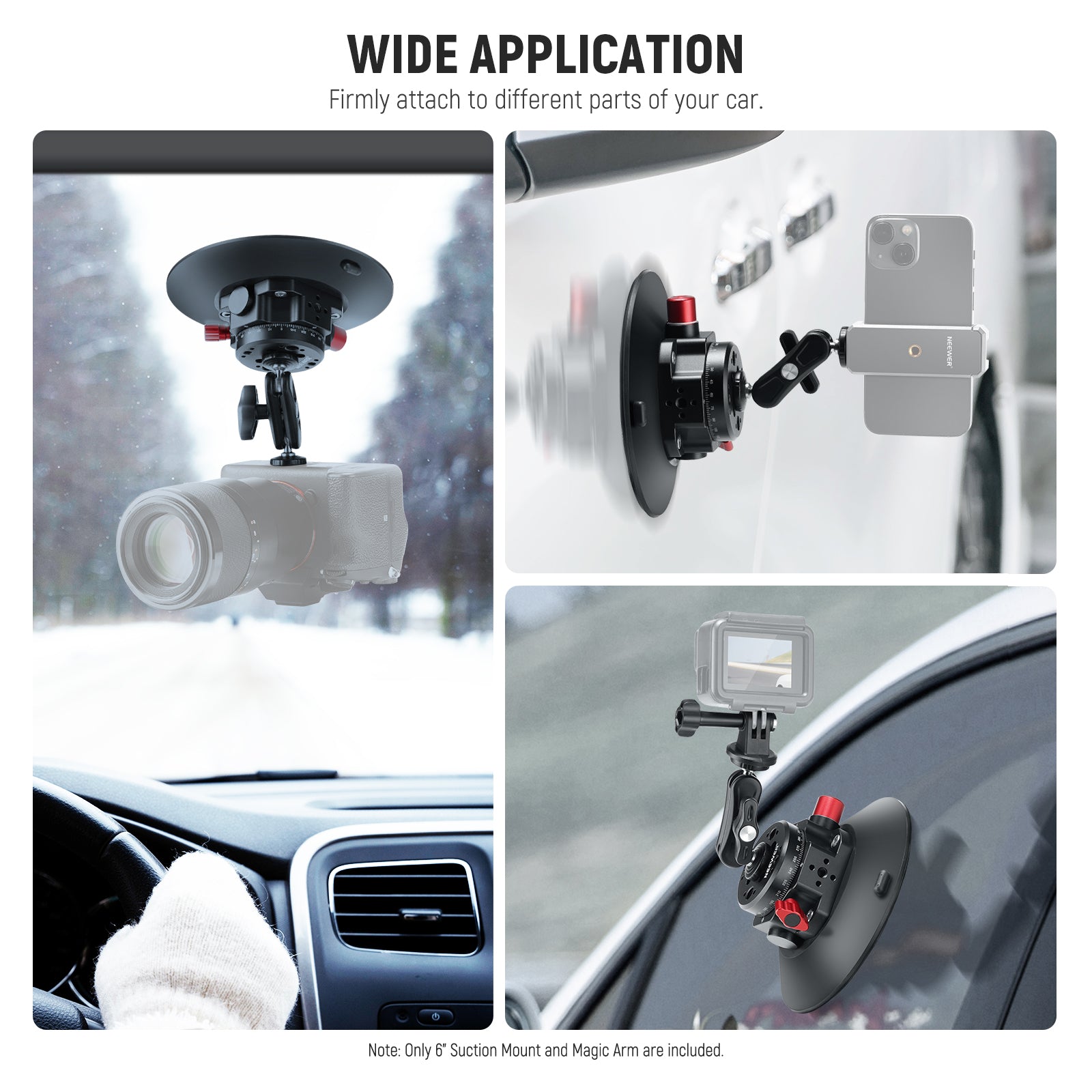 NEEWER CA013 6 Camera Suction Mount with Ball Head Magic Arm - Secure Car Window Mount for DSLR, Action Cam, GoPro - Perfect for Vlogging, Dash Cam, Travel & Adventure Photography