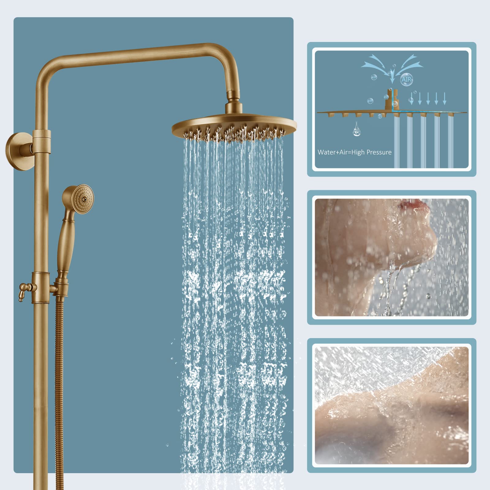 Vintage Antique Brass Tub Shower Faucet Set - 8 Inch Rainfall Shower Head with Handheld Spray, Triple Function Mixer Valve for Bathroom Remodeling | Perfect for Classic & Farmhouse Style Bathrooms