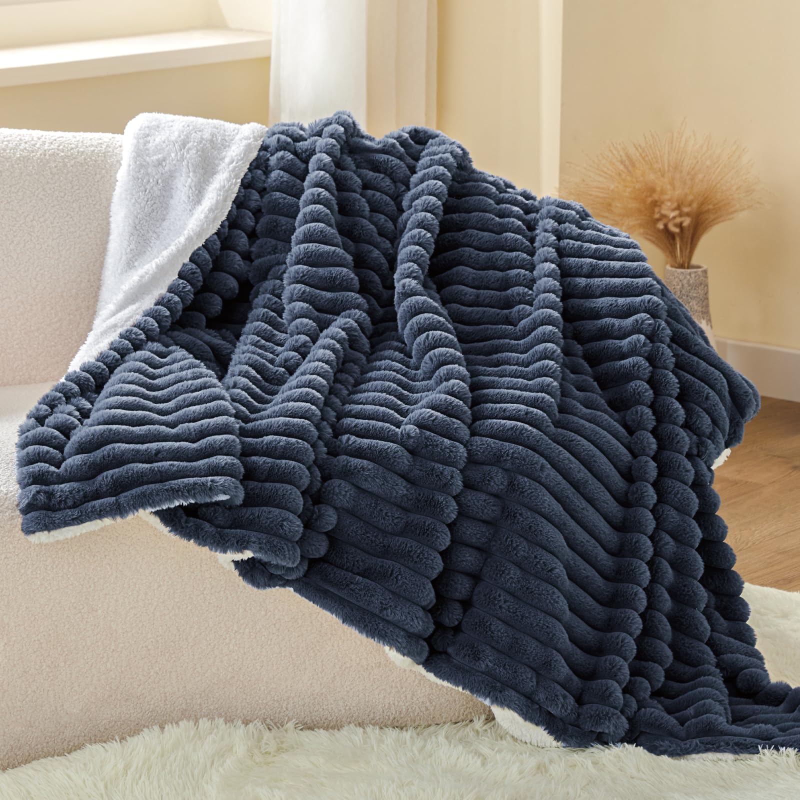 INFIIXSO Sherpa Throw Blanket for Couch - Ultra Soft & Warm Striped Fleece Blanket, Cozy Plush Fluffy Blanket for All Seasons (60x80 Inches, Navy Blue) - Perfect for Sofa, Bed, Office & Travel Use