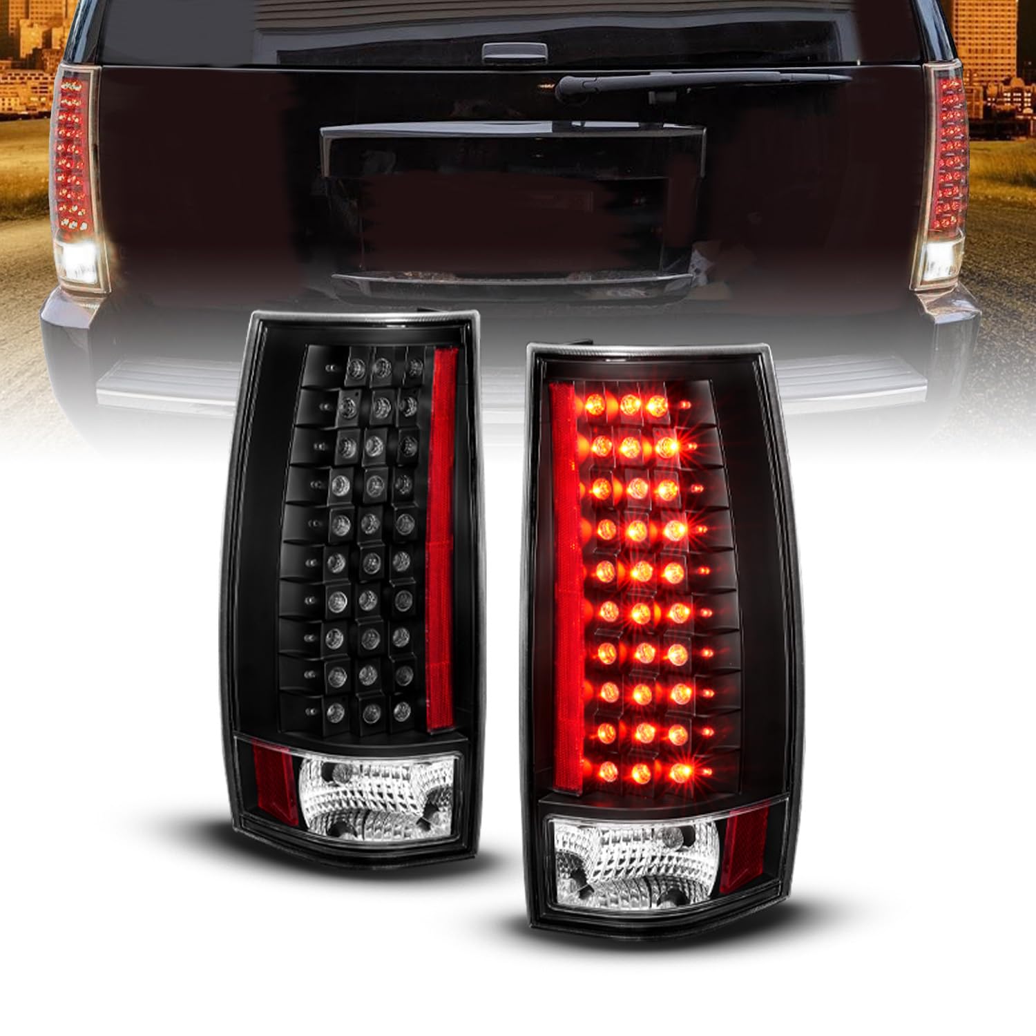 AmeriLite Black LED Tail Lights Replacement for Chevy Tahoe, Suburban, GMC Yukon - Left & Right Side Pair - Durable, Bright, Easy Installation for Enhanced Nighttime Safety