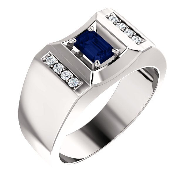 14K Gold Men's Sapphire & Diamond Ring - 3/4 CT Sapphire & 0.12 CTW Diamond Accent - Elegant Wedding Band, Anniversary Gift for Him, Perfect for Engagements & Special Occasions