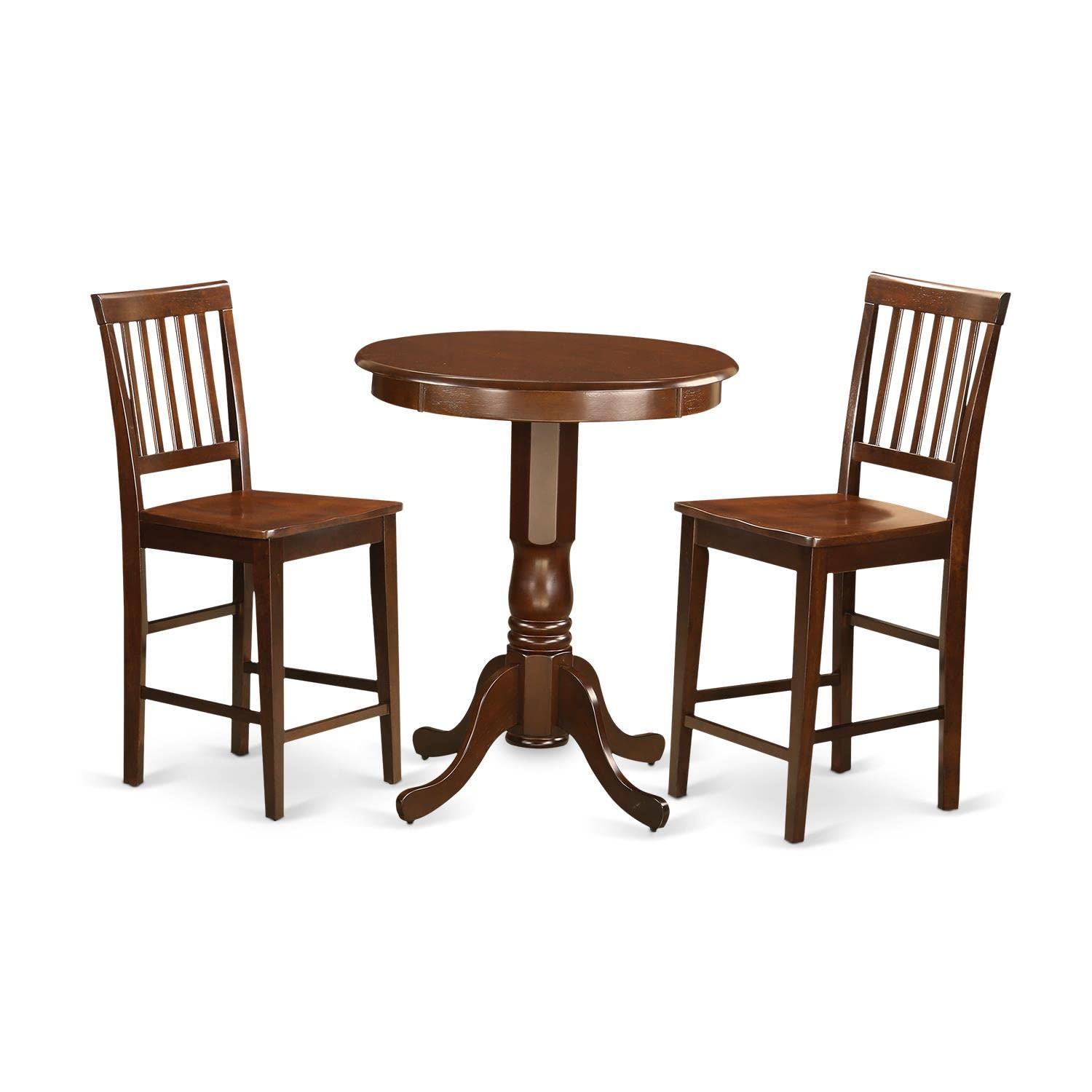 East West Furniture EDVN3-MAH-W 3-Piece Kitchen Counter Height Dining Set - 30x30 Inch Round Pedestal Table with 2 Chairs, Mahogany Wood - Perfect for Small Spaces, Breakfast Nooks & Apartment Dining