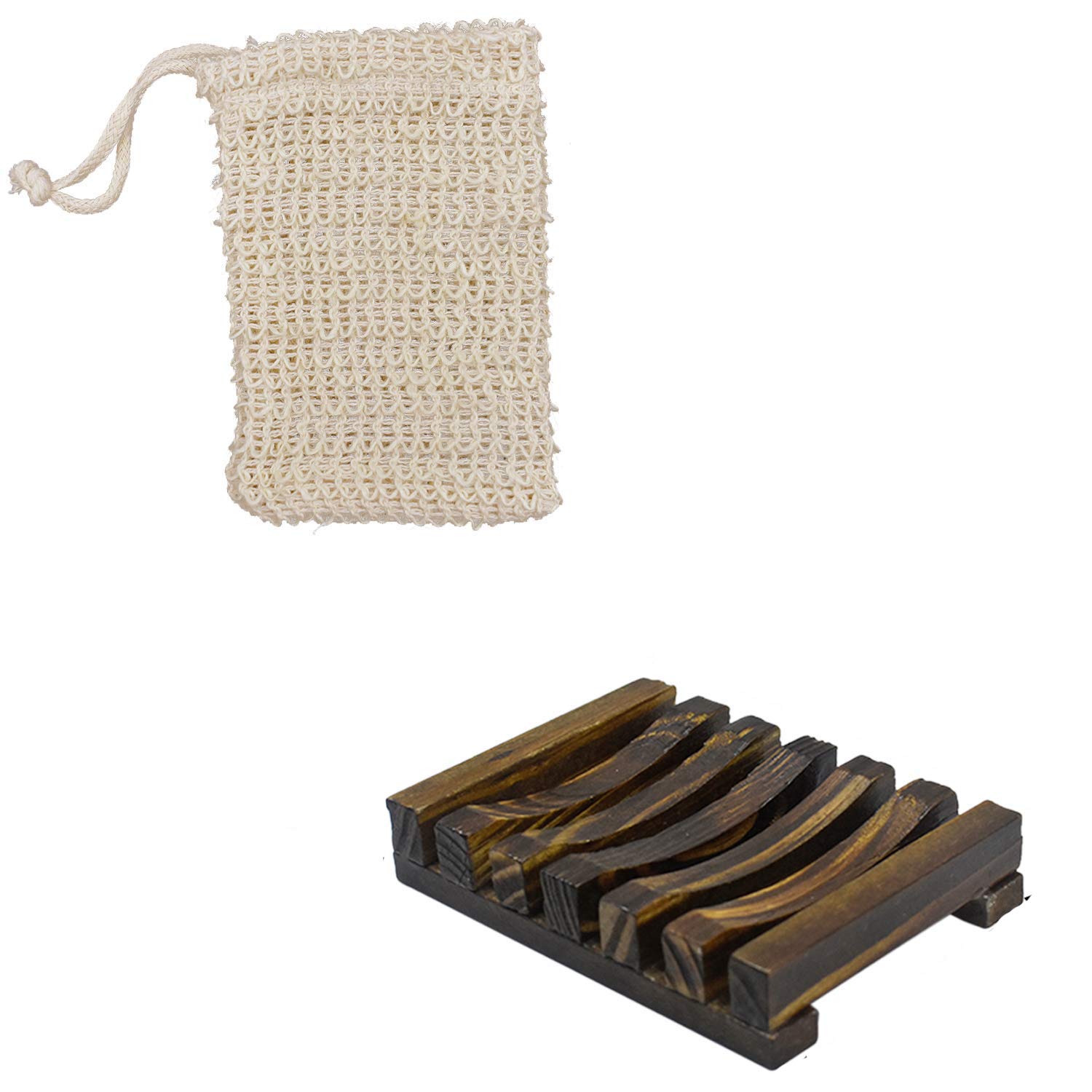 Natural Exfoliating Soap Bag with Drawstring & Wooden Bead Holder - Loofah Pouch for Shower & Bath - Organic Soap Saver for Spa, Travel & Eco-Friendly Skincare