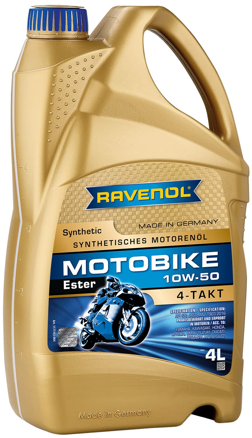 RAVENOL J1V1011-004 SAE 10W-50 Full Synthetic Ester 4-Stroke Motorcycle Oil - 4T Engine Lubricant, JASO MA/MA2 Certified (4 Liter) for High-Performance Motorcycles, Racing Bikes & Off-Road Use