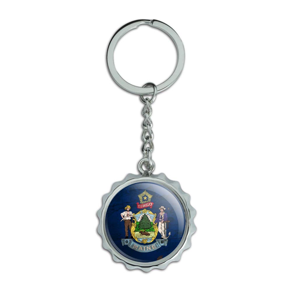 Vintage Rustic Maine State Flag Keychain - Distressed USA Design, Chrome Plated Metal Bottle Opener with Pop Cap - Perfect for Travel, Gifts & Beer Lovers Accessories
