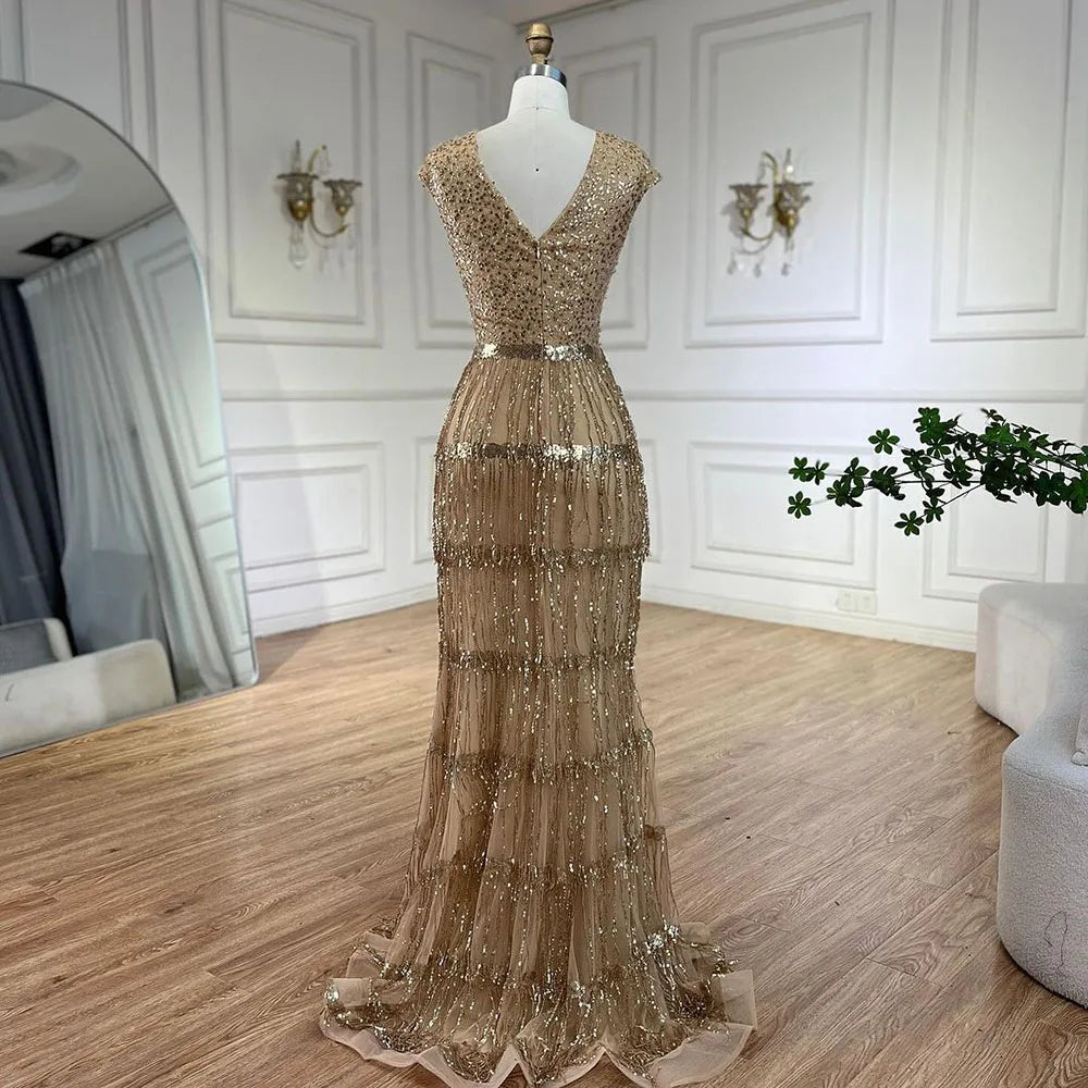 Luxury Dubai Arabic Mermaid Evening Gown with Gold Tassel Beading - Elegant Women's Wedding Party Dress 2025 (LA72581) | Perfect for Bridal Showers, Red Carpet Events & Formal Occasions