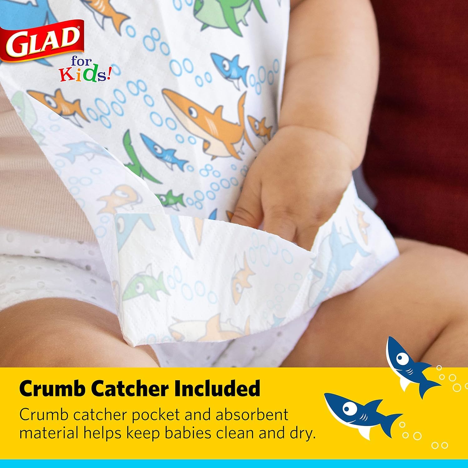 Glad Disposable Paper Bibs with Adorable Shark Design for Babies & Toddlers - 24 Pack Travel Bibs for Messy Meals, On-the-Go Feeding & Daycare Use