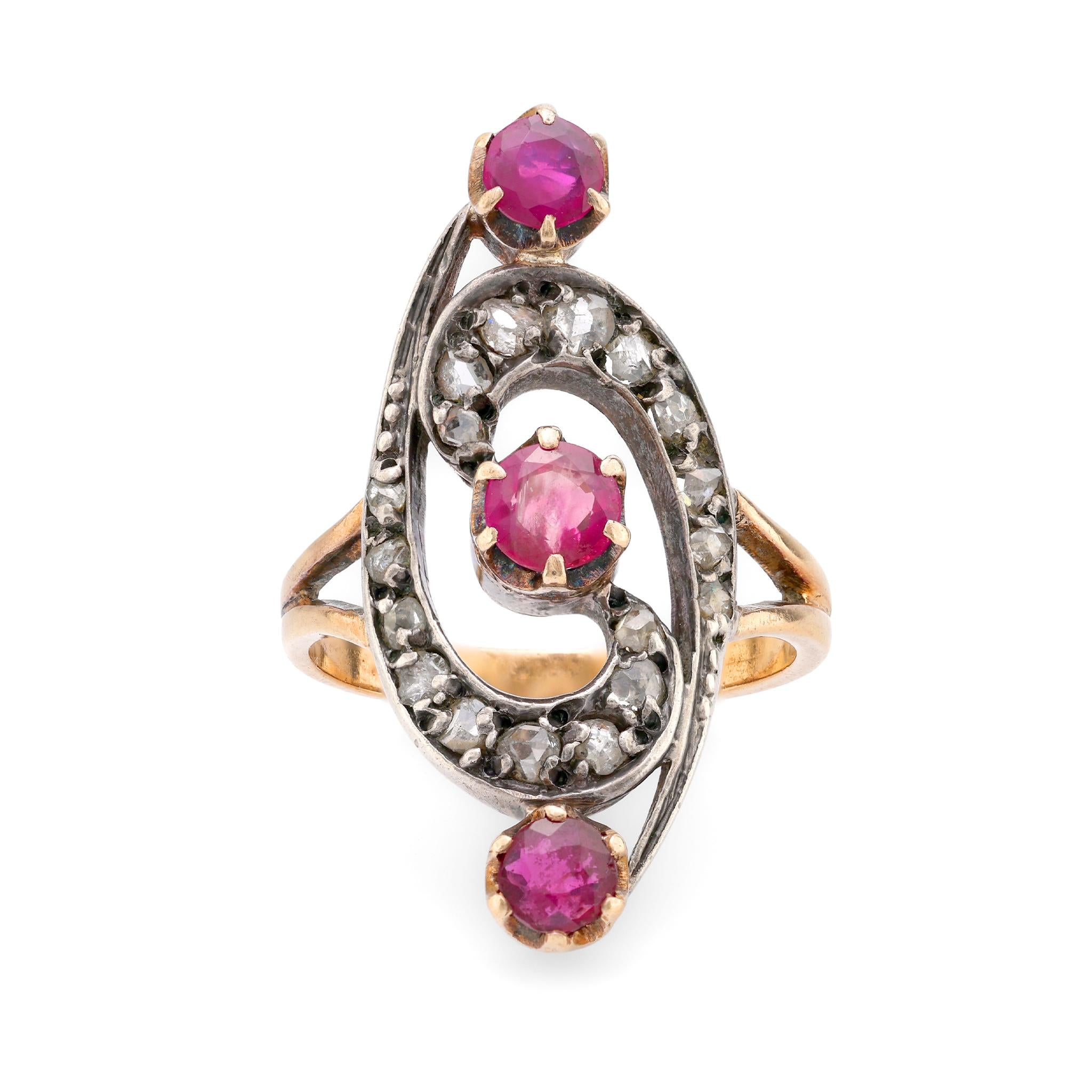 Belle Époque French Ruby Diamond 18K Yellow Gold Ring - Vintage Elegance for Weddings, Anniversaries & Special Occasions