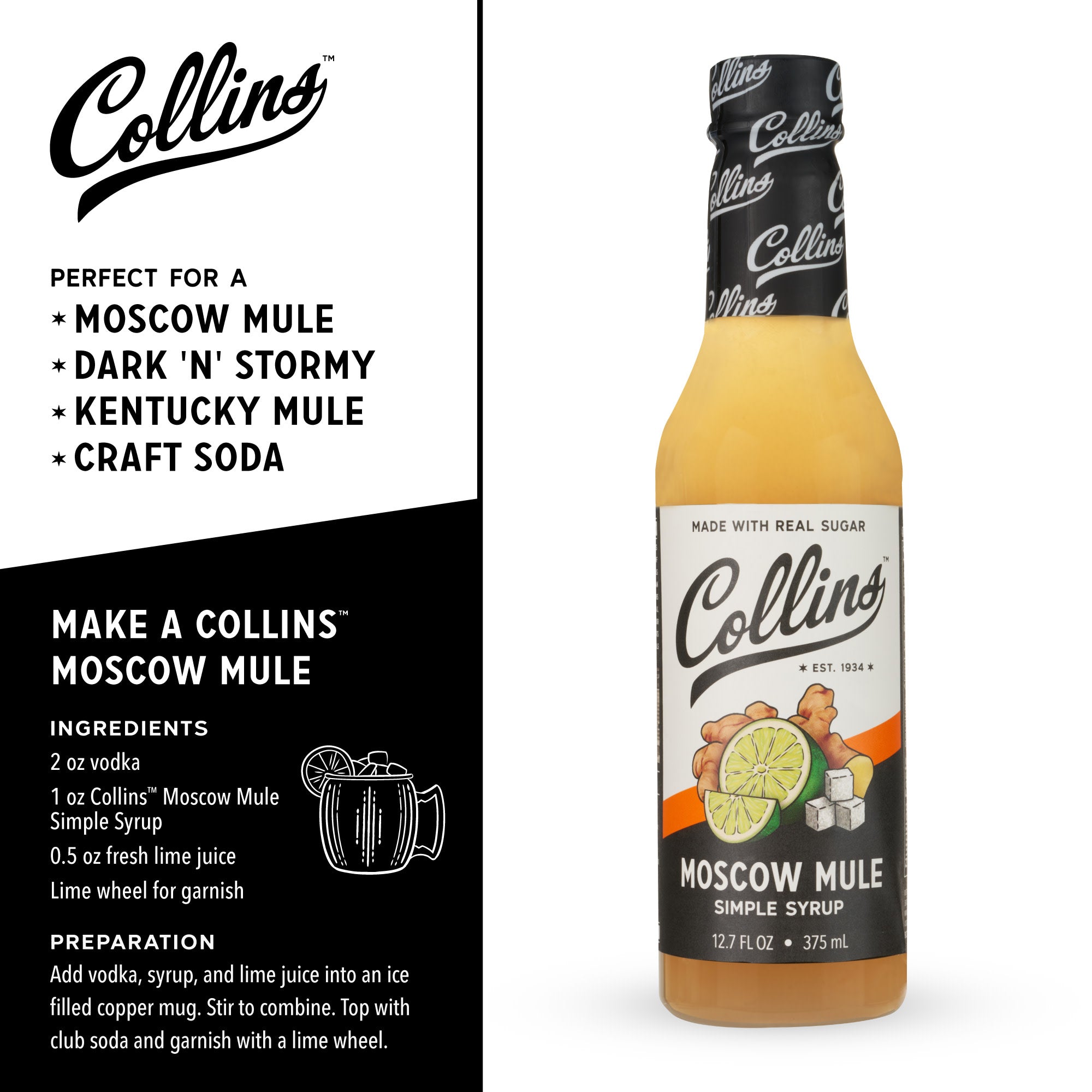 Premium Moscow Mule Simple Syrup - 12.7 oz Copper Mug Cocktail Mixer for Refreshing Ginger Beer Drinks at Home Bars & Parties