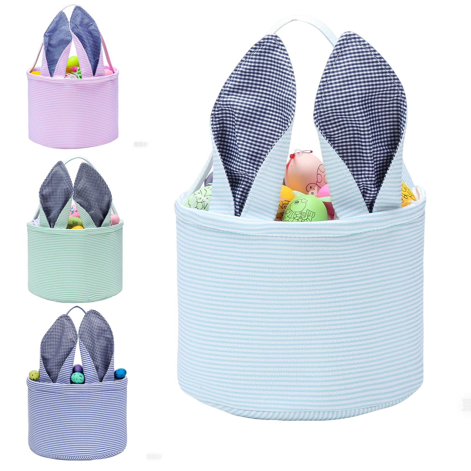 Personalized Easter Bunny Basket Seersucker Egg Bag for Kids - Blue Fluffy Tail Candy Egg Basket, Rabbit Themed Boy Girl Easter Gift Bucket | Perfect for Easter Egg Hunts, Party Favors & Spring Celebrations