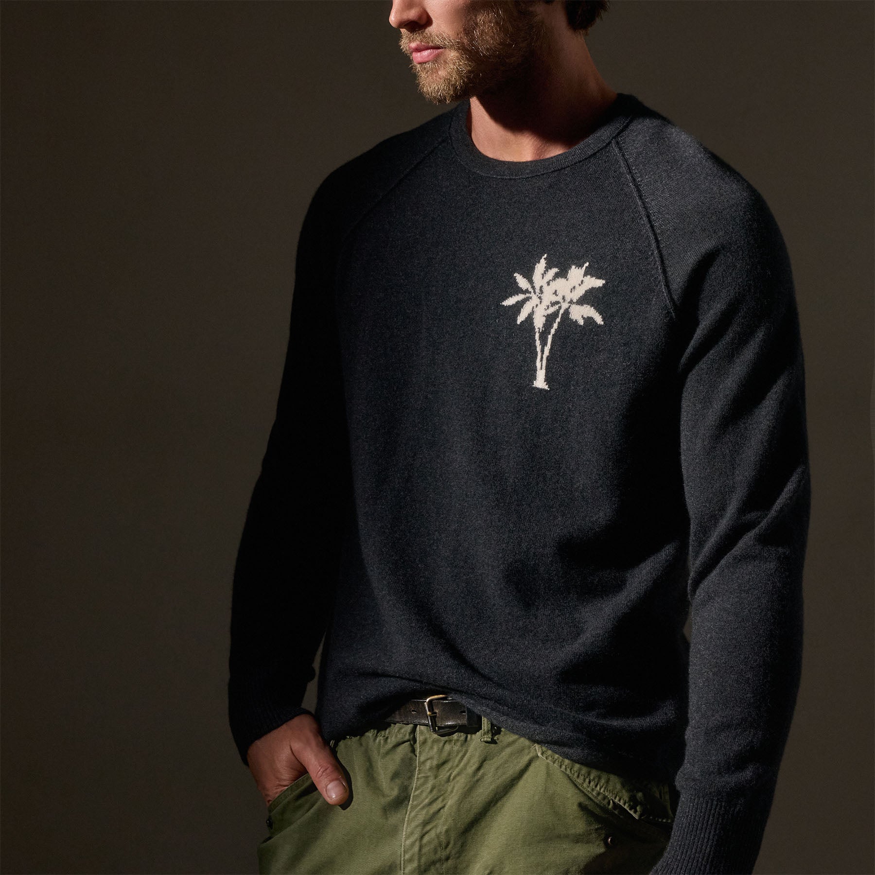 Sustainable Recycled Cashmere Palm Crew Sweater in Coal - Cozy & Eco-Friendly Winter Pullover for Women | Perfect for Casual Outfits, Layering & Cold Weather Fashion