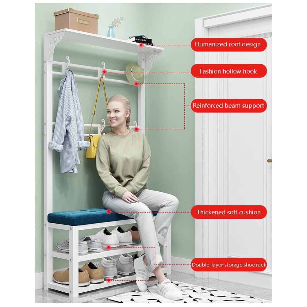 Industrial Coat Rack & Shoe Bench with Storage Shelf - 4-in-1 Entryway Hall Tree with Hooks & Metal Frame (60x30x172cm, White Gray) - Perfect for Small Spaces, Apartments & Mudroom Organization - Easy Assembly & Space-Saving Design