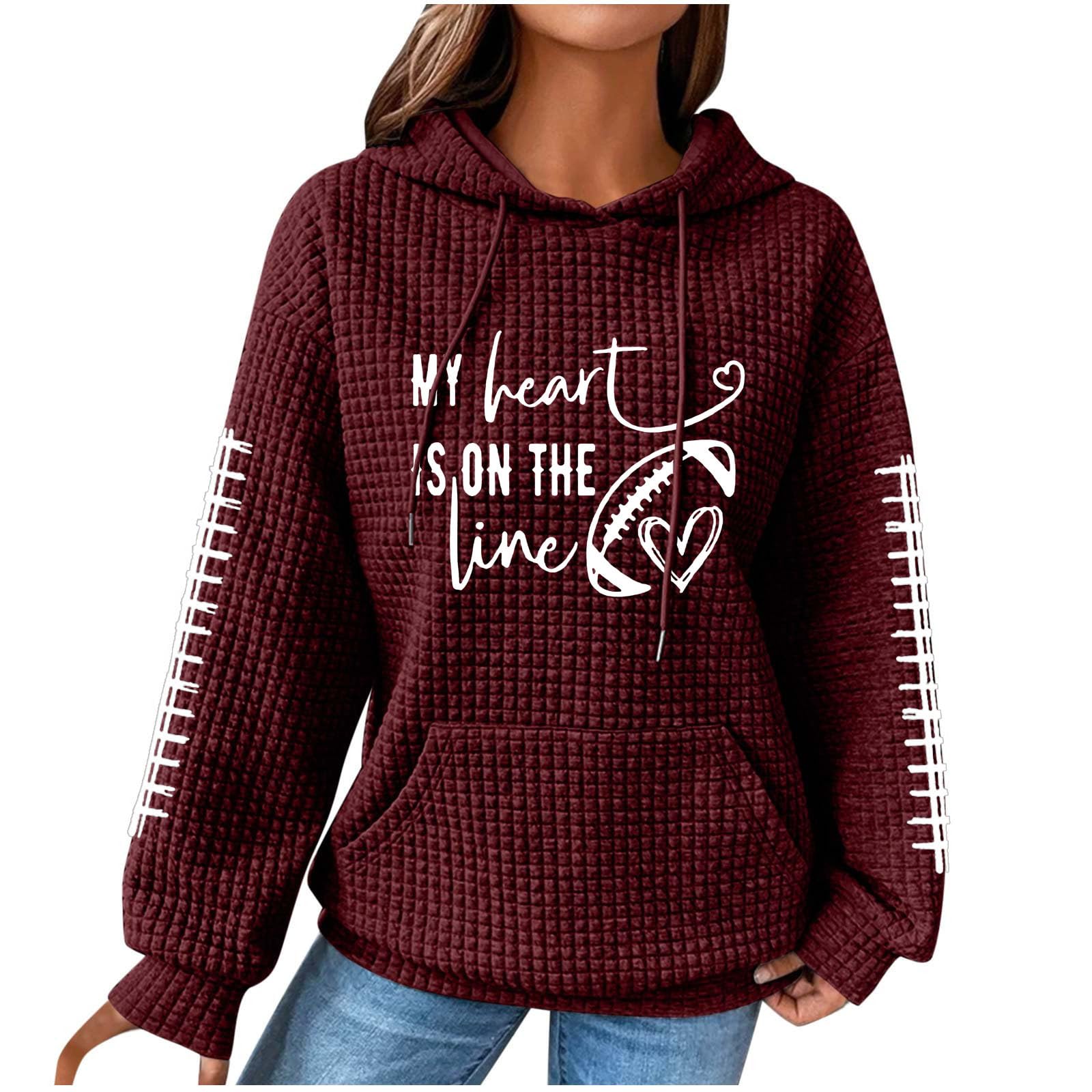 Football Lover Waffle Hoodie - Women's Long Sleeve Graphic Sweatshirt with Pocket for Game Day & Fall Season | Cozy Pullover for Football Fans, Tailgating & Casual Wear