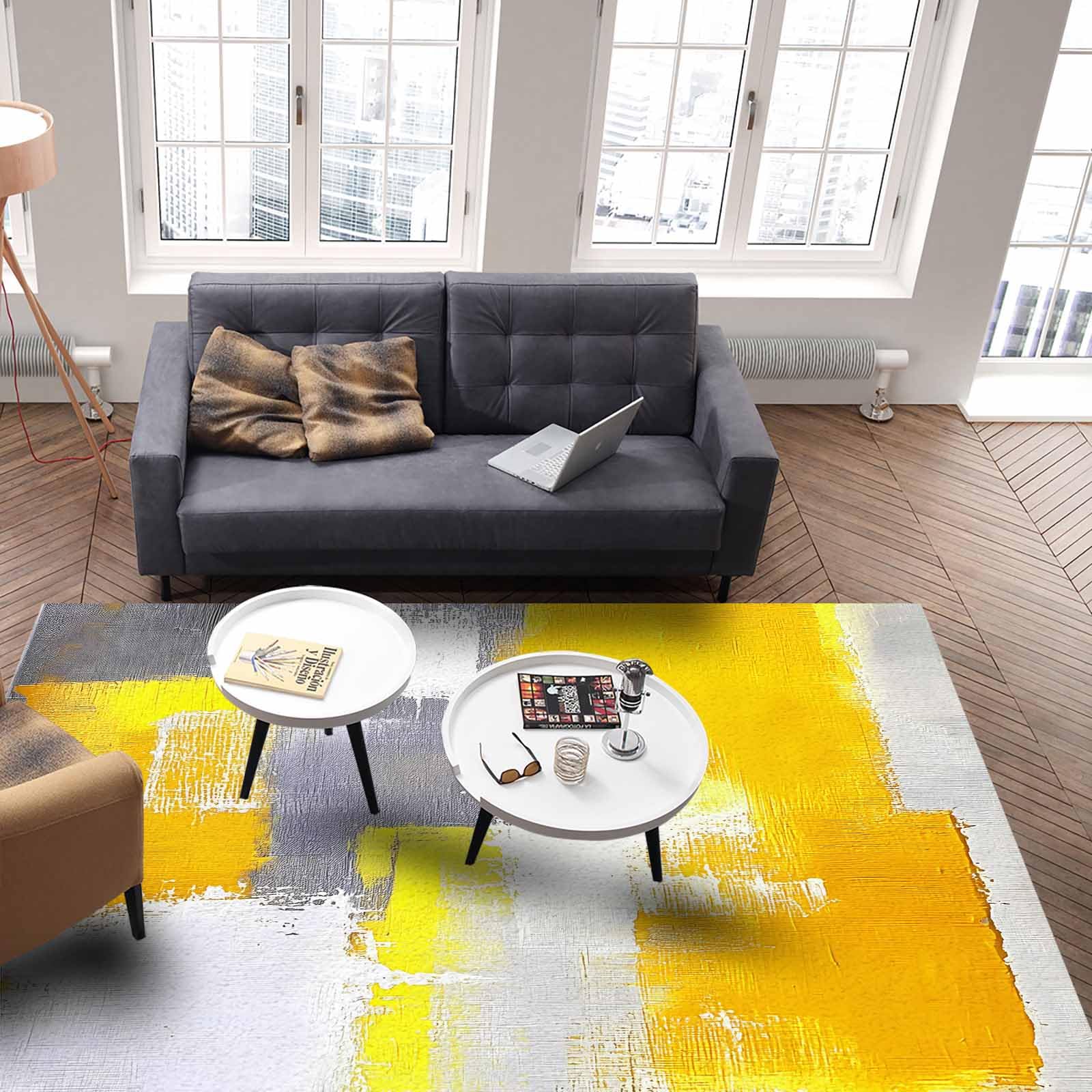 Modern Abstract Gray & Yellow Shag Area Rug 2'8
