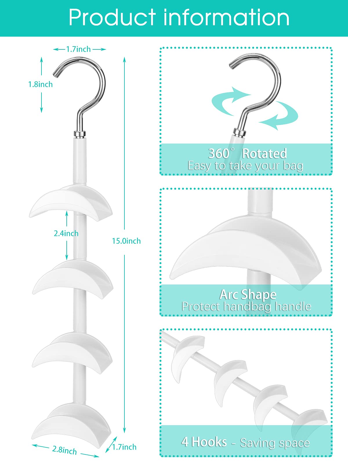Rotating Purse Hanger for Closet - 4 Hook Handbag Organizer for Scarves, Belts & Purses | Space Saving Bag Storage Solution | Perfect for Bedroom, Walk-in Closet & Dorm Organization