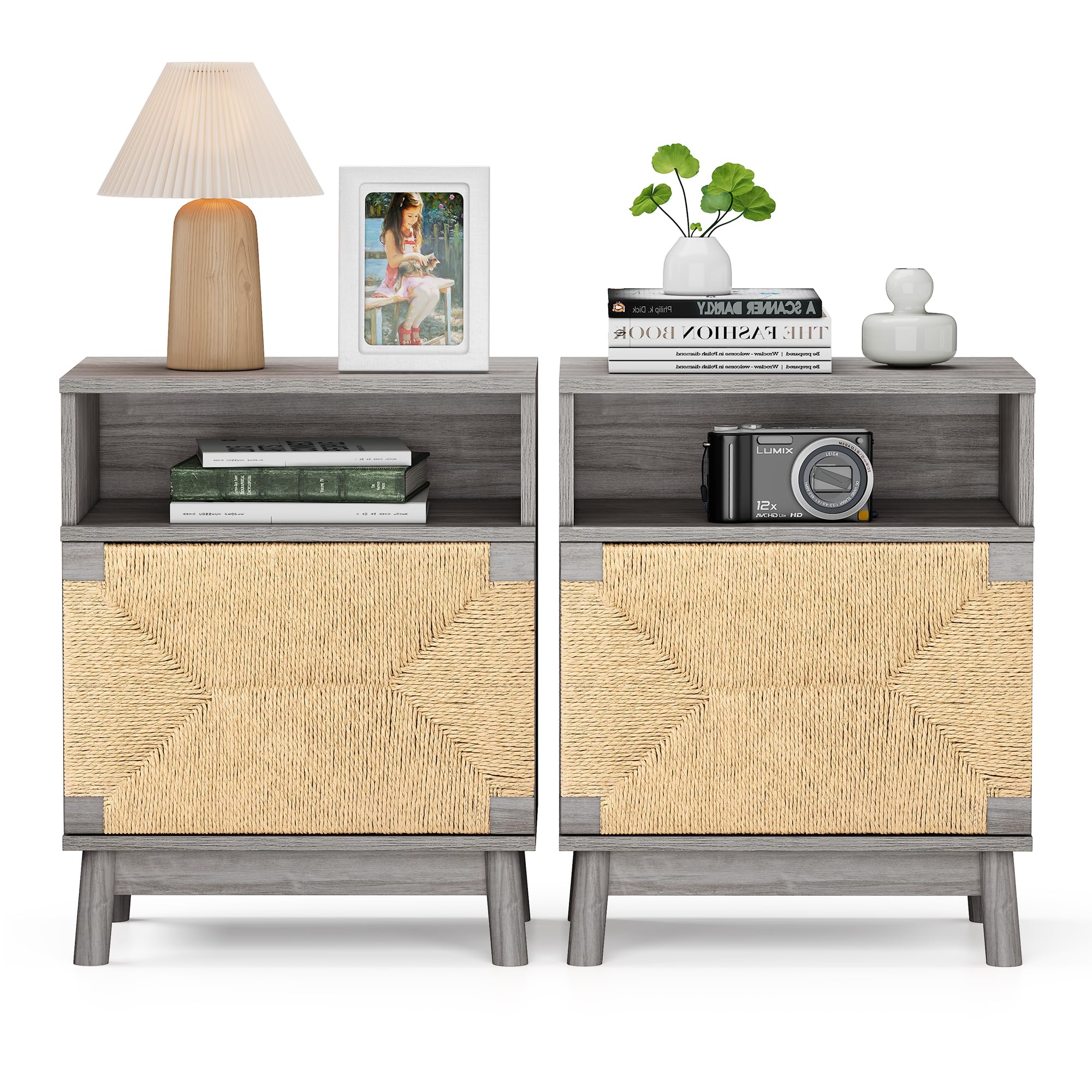 XIAO WEI Large Night Stand Set of 2 - Hand-Woven Natural Paper Rope Doors Boho Bedside Tables - Grey Accent End Tables for Bedroom, Living Room & Dorm Decor