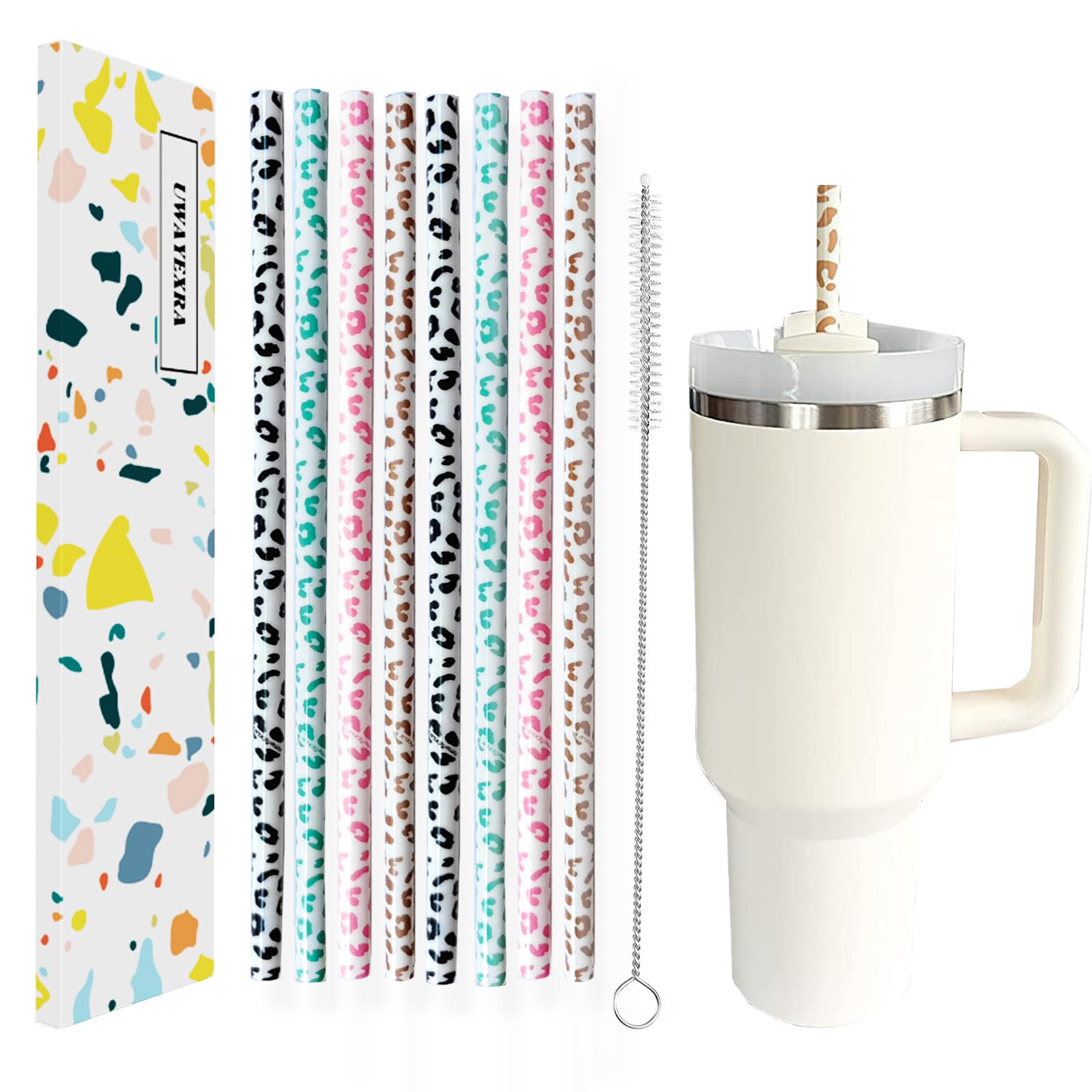 40oz Replacement Straws 8 Pack - Extra Long 12 Inch Reusable Drinking Straws for Tumbler, Iced Coffee & Smoothies | Leopard & Cheetah Print Design | Perfect for Stanley Cups, Cold Drinks & Outdoor Activities