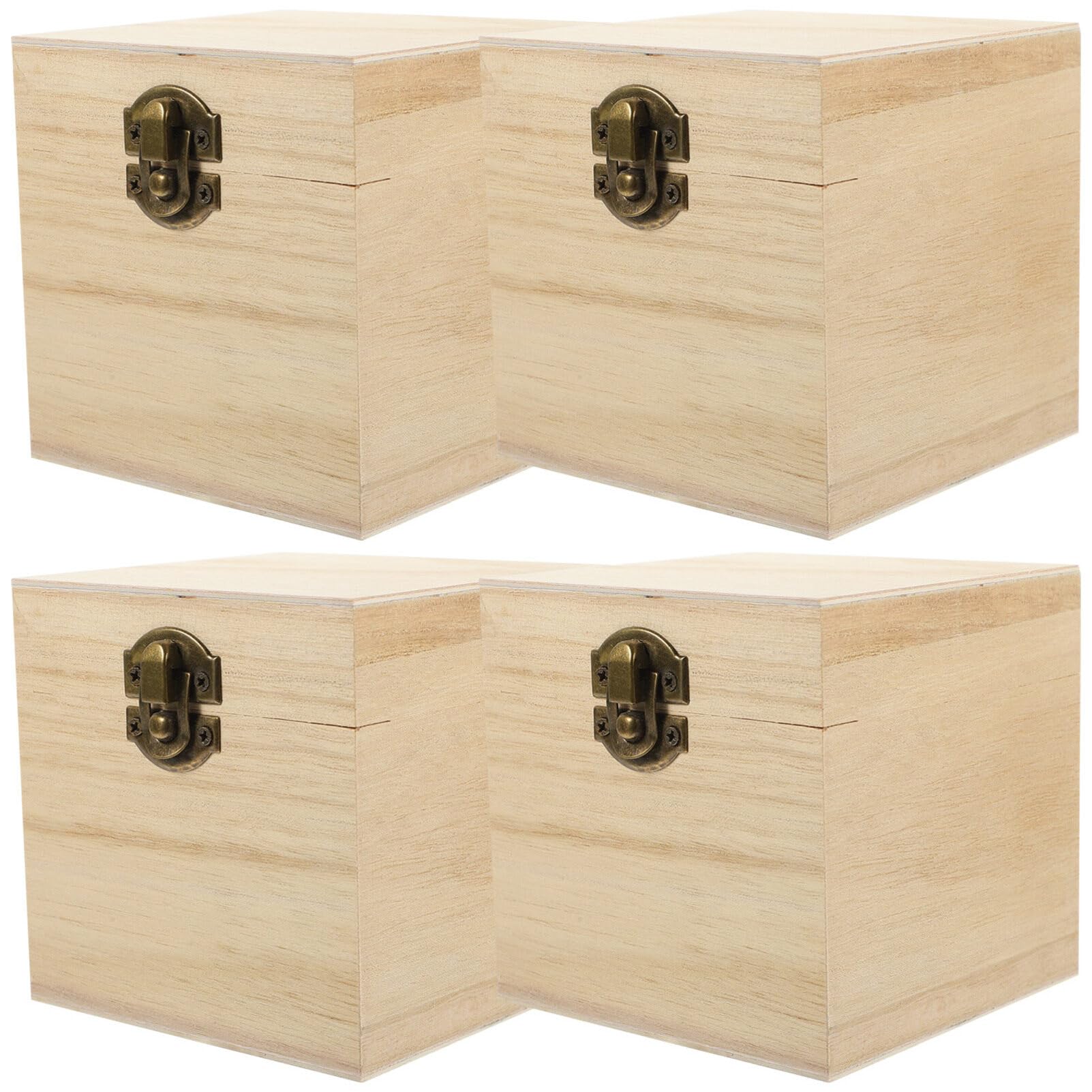 4-Piece Unfinished Wooden Square Box Set with Hinged Lid & Front Clasp - DIY Craft Storage, Jewelry Organizer - Perfect for Home Decor, Wedding Favors & Gift Packaging