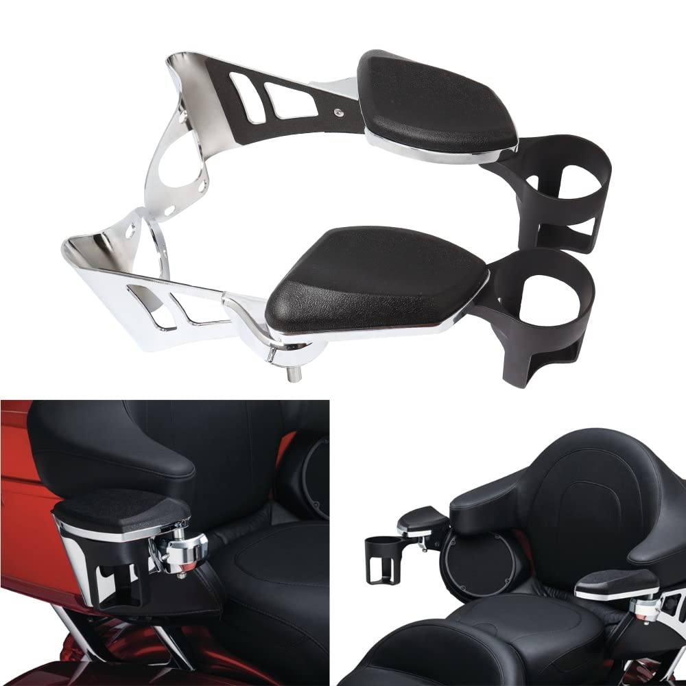 Motorcycle Chrome Passenger Armrests with Cup Holder for Harley Touring 2014-2021 Road Glide Ultra Electra Tri Glides - Comfortable Long Ride Accessories for Cruiser Bikes
