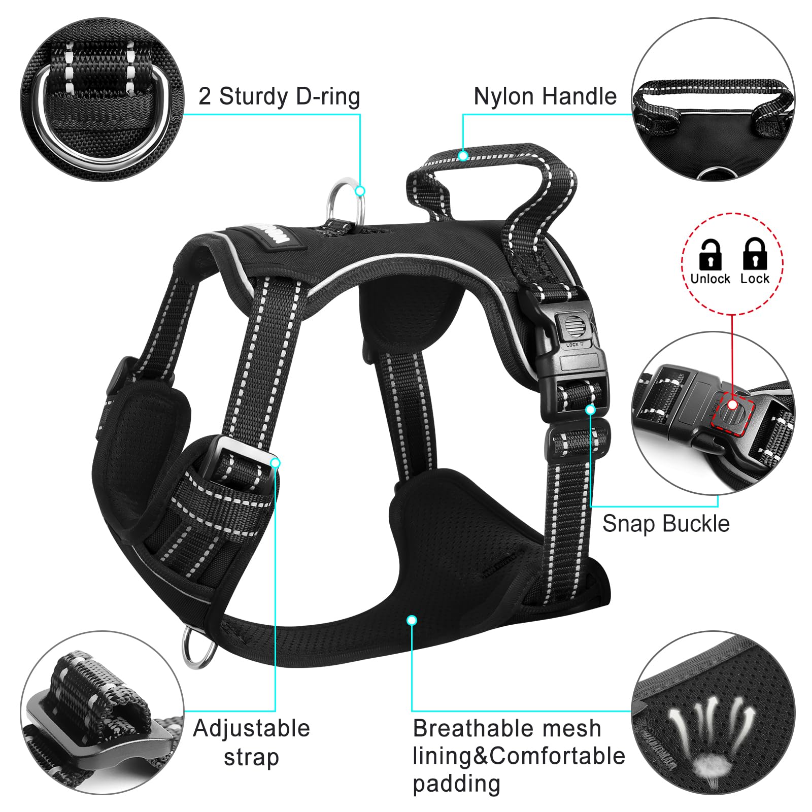 WINSEE No Pull Dog Harness - Adjustable Reflective Pet Vest with Front/Back Leash Clips & Control Handle - for Small, Medium, Large & XL Dogs - Perfect for Walking, Hiking & Outdoor Adventures