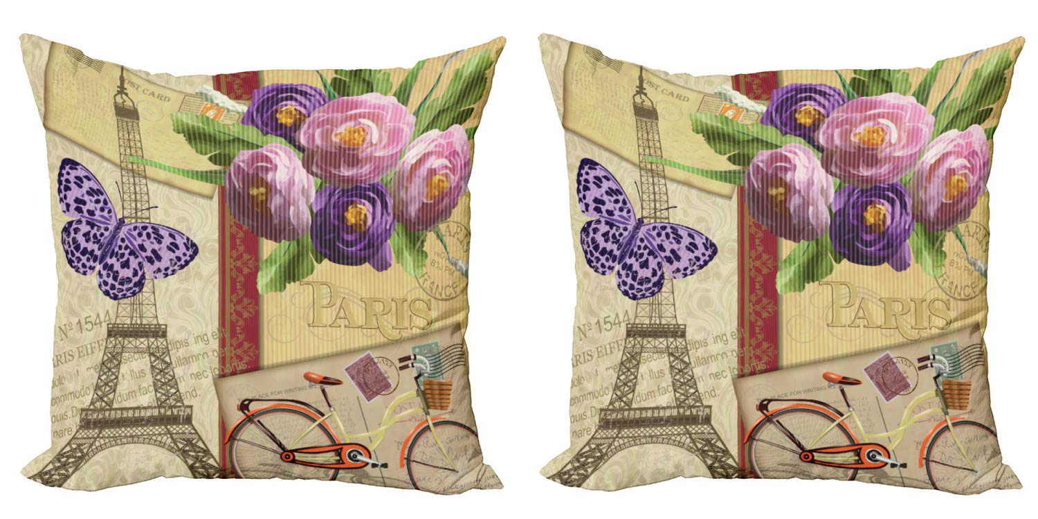 Ambesonne Paris Decorative Throw Pillow Covers Pack of 2 - Eiffel Tower Postcards & Abstract Stripes Design - 24 Inch Multicolor Cushion Covers for Sofa, Bed, Living Room - Perfect for Home Decor & French Theme Parties