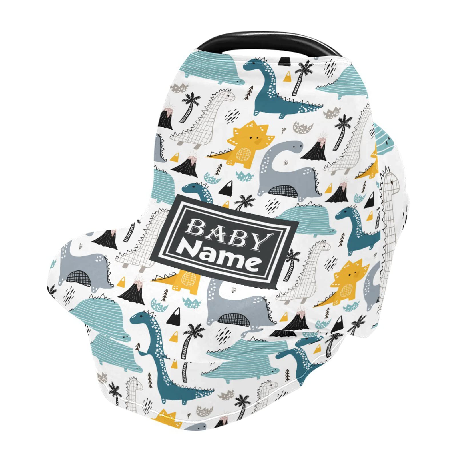 Custom Personalized Yellow & Green Dinosaur Baby Car Seat Cover - Soft Infant Stroller Canopy with Volcano & Palm Tree Design - Nursing & Breastfeeding Cover for Girls & Boys (Newborn-Friendly) - Perfect for Summer, Spring & Autumn - Ideal for Car Travel, Stroller Walks & Outdoor Nursing Protection