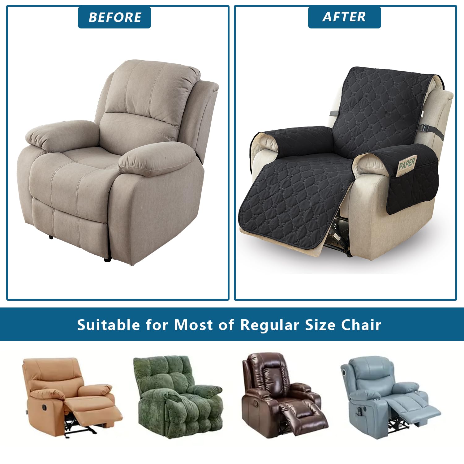 100% Waterproof & Non-Slip Recliner Sofa Slipcover - Washable Pet-Friendly Chair Cover with Elastic Straps, Universal Reclining Furniture Protector (Black, 28