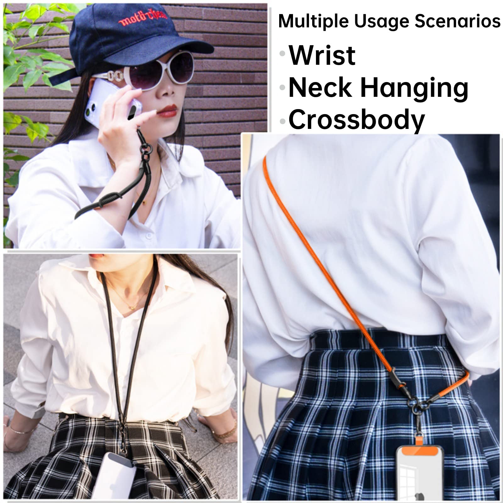 Adjustable Nylon Phone Lanyard with Wrist Strap - 10mm Crossbody Neck Strap for Smartphones - Includes 2 Phone Spacers & Phone Charms (Black) | Perfect for Hands-Free Use at Work, Travel, Shopping & Events
