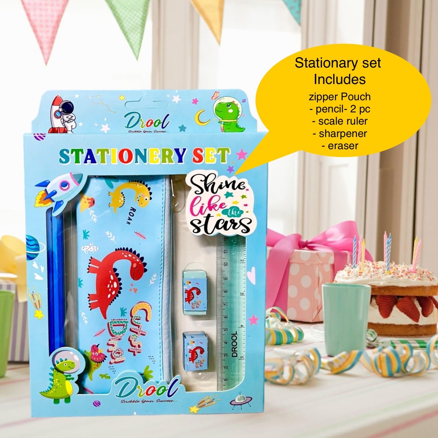 LE DELITE Animal Jungle Carnival Party Return Gift Set - Stationery Combo Pack with A6 Zipper Pouch Diary, Pencils, Eraser, Sharpener, Scale & Gift Bag (Dinosaur Jungle Theme) - Perfect for Kids Birthday Party Favors, School Supplies & Carnival Giveaways