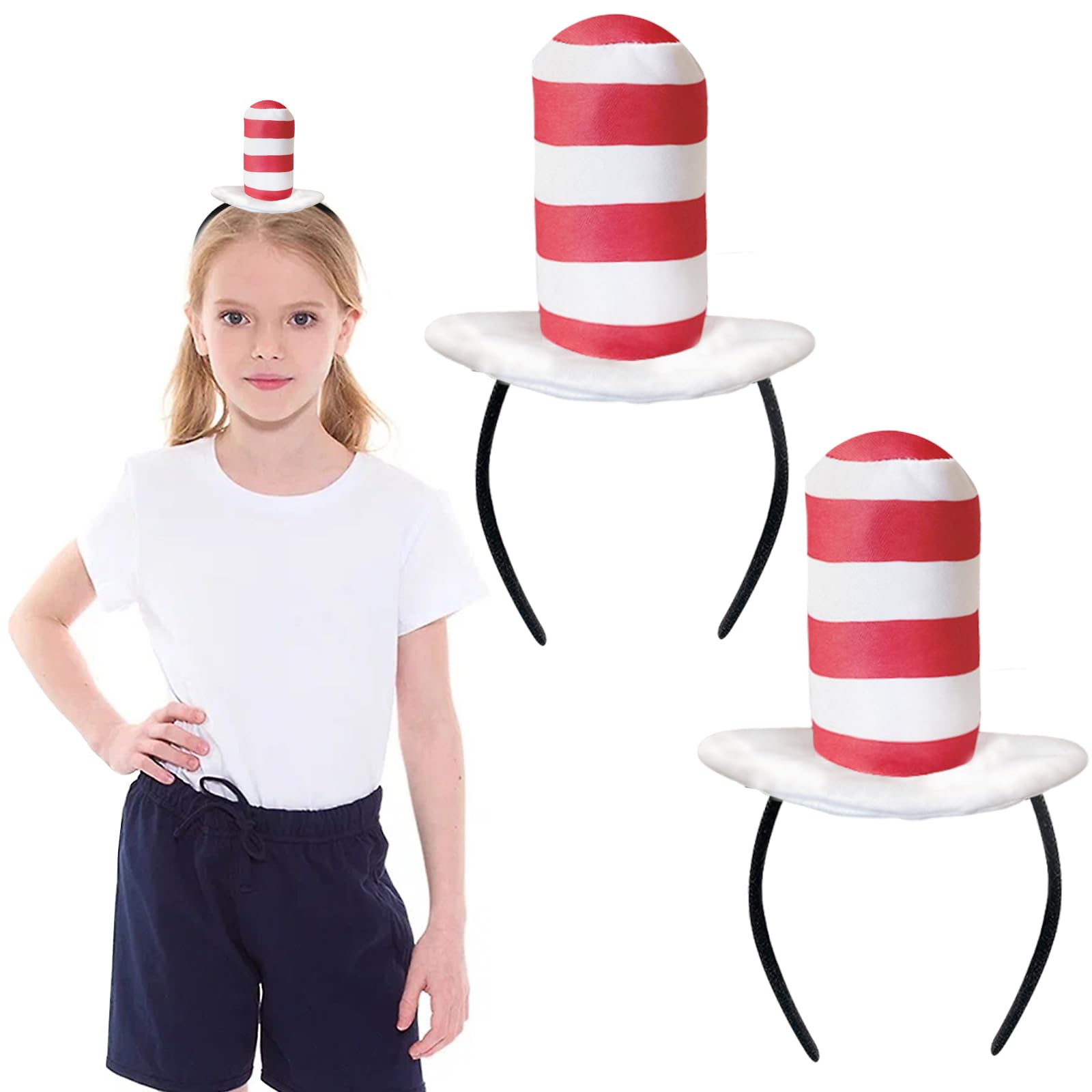 2 Pcs Cat Ears Headband - Red & White Striped Hat for Women, Men & Kids - Cute Cosplay Costume Accessories for Halloween, Christmas Parties & Themed Events