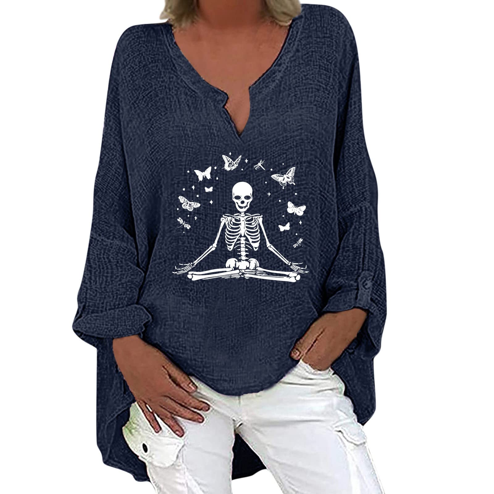 Women's Long Sleeve V-Neck Skeleton Print T-Shirt - Irregular Hem Linen Blend Casual Top for Women | Gothic Style, Halloween Outfit, Streetwear Fashion