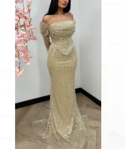 Elegant Mermaid Evening Dresses for Women - Luxury Pearl Beaded Dubai Arabian Style Wedding Gowns 2025 | Perfect for Weddings, Galas & Formal Parties