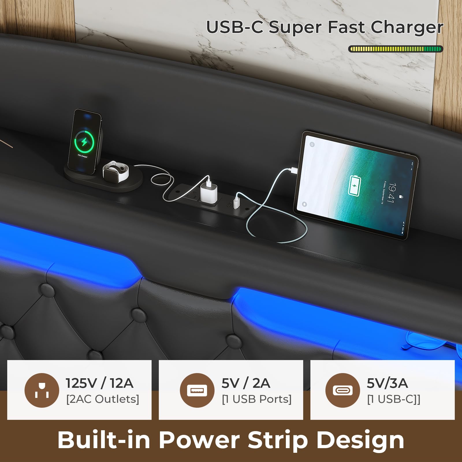 ADORNEVE Full Size Floating Bed Frame with Hidden Storage Headboard & LED Lights - Upholstered Leather Platform Bed with USB Charging Station, No Box Spring Needed (Black) - Perfect for Modern Bedrooms, Small Spaces & Luxury Home Decor