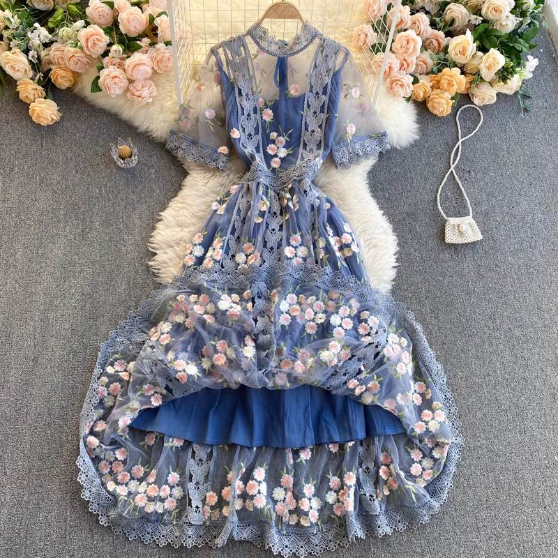 Fairy Women's Round Neck Short Sleeve Mesh Embroidery Floral Summer Dress - Elegant Casual Skirt for Party, Wedding & Date Night