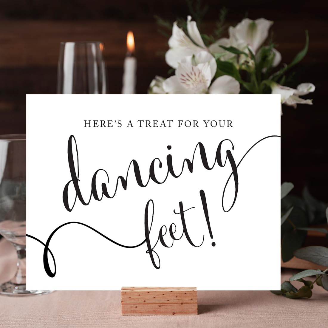 Elegant Black and White Wedding Party Sign - 8.5x11 Inch 'Here's a Treat for Your Dancing Feet' Flip Flop & High Heel Shoe Design - Perfect for Wedding Receptions, Bridal Showers & Dance Floor Decor (1-Pack)