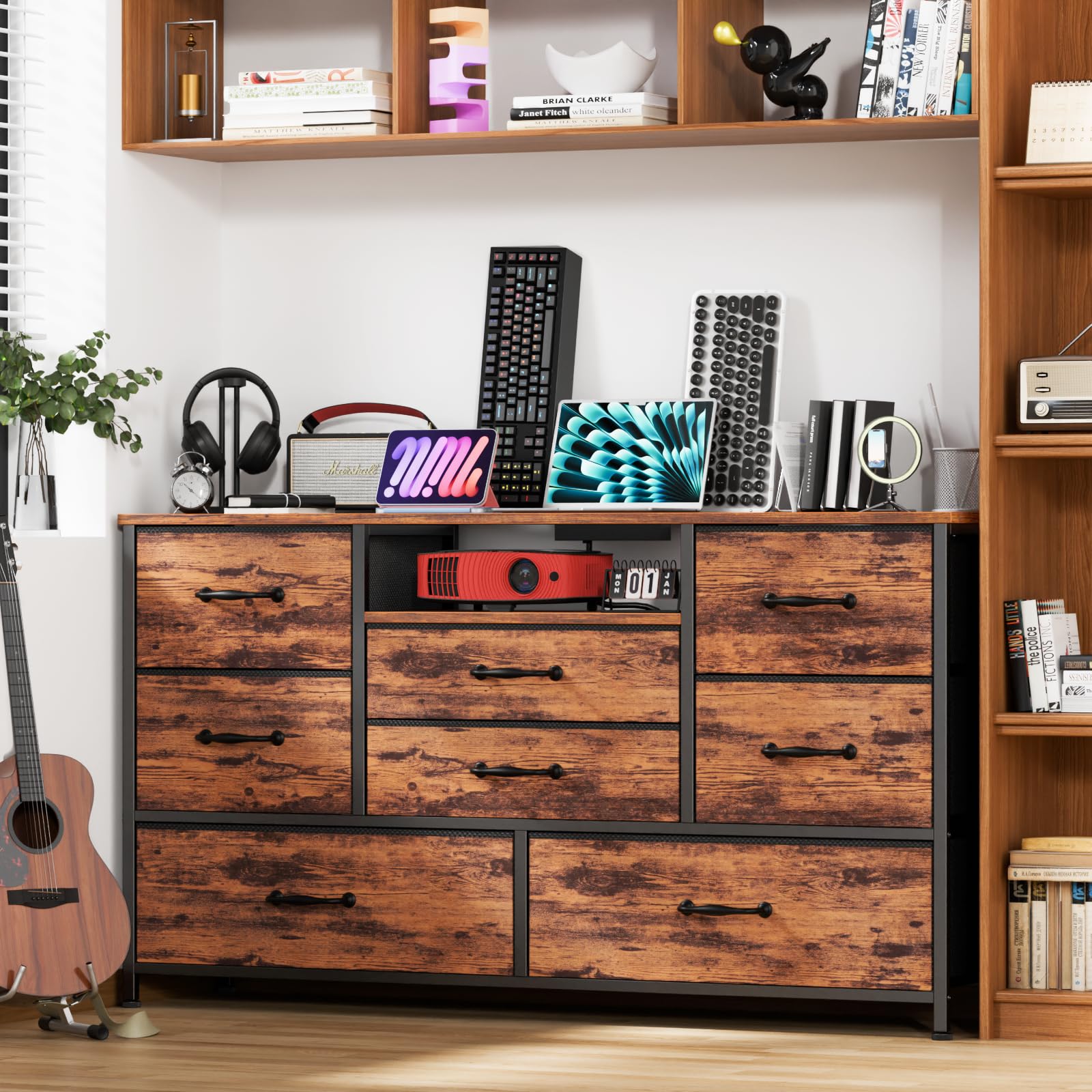Industrial Rustic Brown 8-Drawer Dresser TV Stand with Power Outlets & Wood Top - Wide Storage Chest for Bedroom, Living Room & Closet Organization | Perfect for Small Spaces & Home Office Setup
