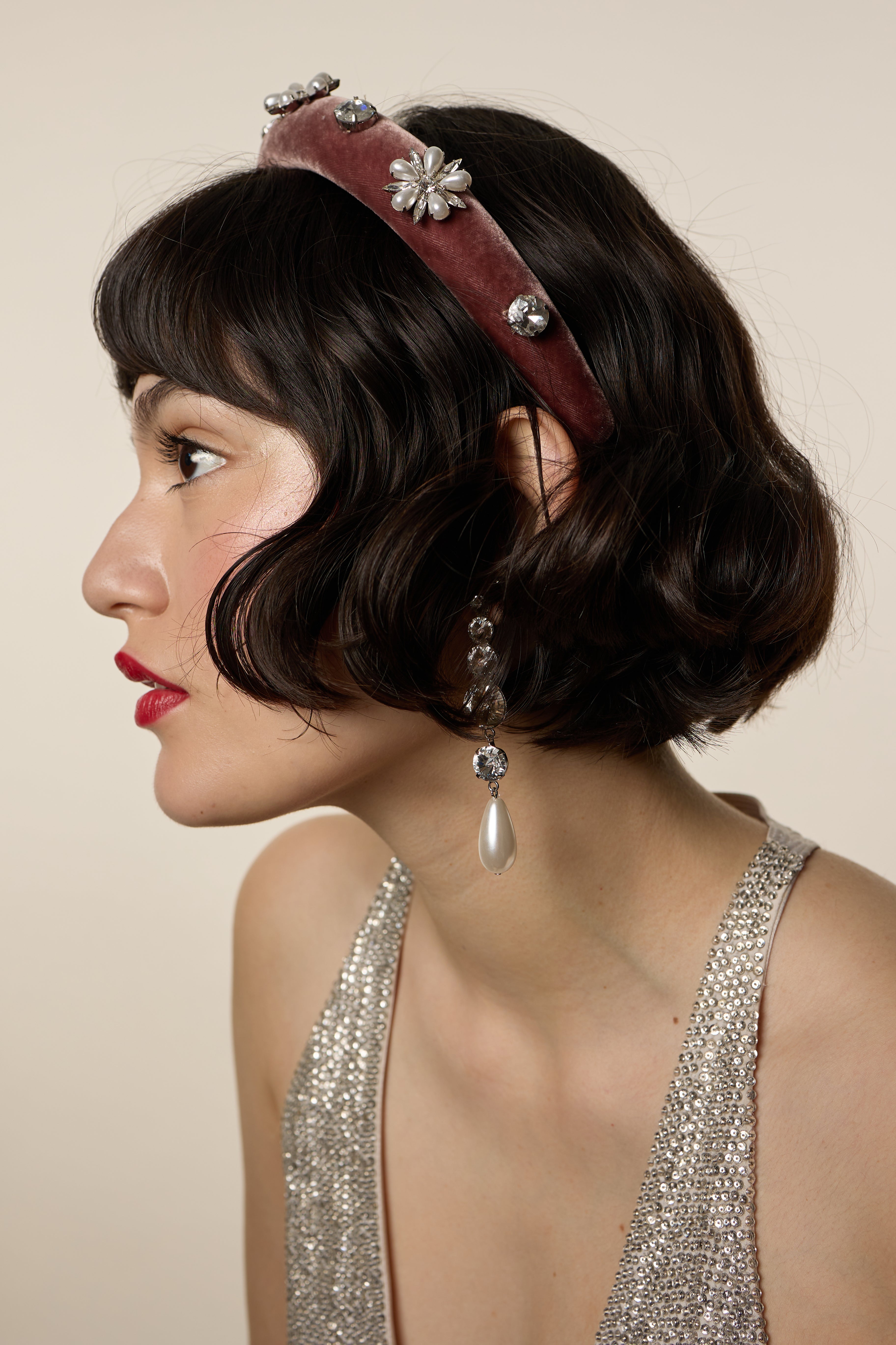 Annie Pearl & Crystal Velvet Padded Headband for Women - Elegant Hair Accessories for Weddings, Parties & Special Occasions