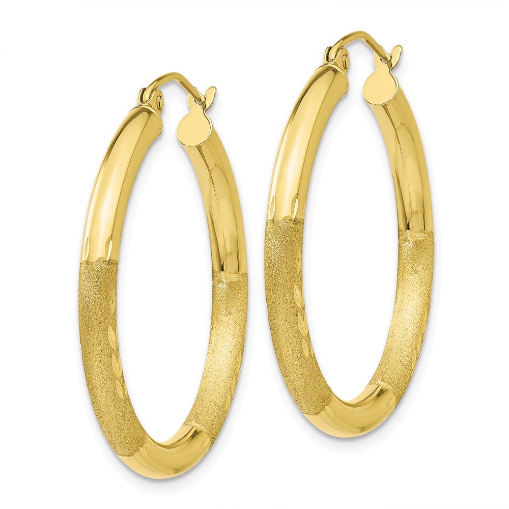 10K Solid Gold Round Hoop Earrings - 3mm Diamond Cut & Satin Finish | Everyday Wear, Gift for Her, Wedding & Party Jewelry